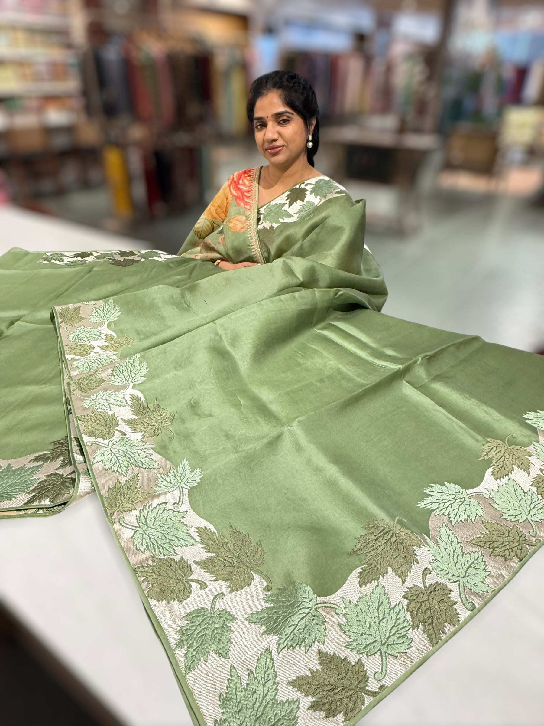 Sage Green Organza Saree with Stunning Leaf Embroidered Border