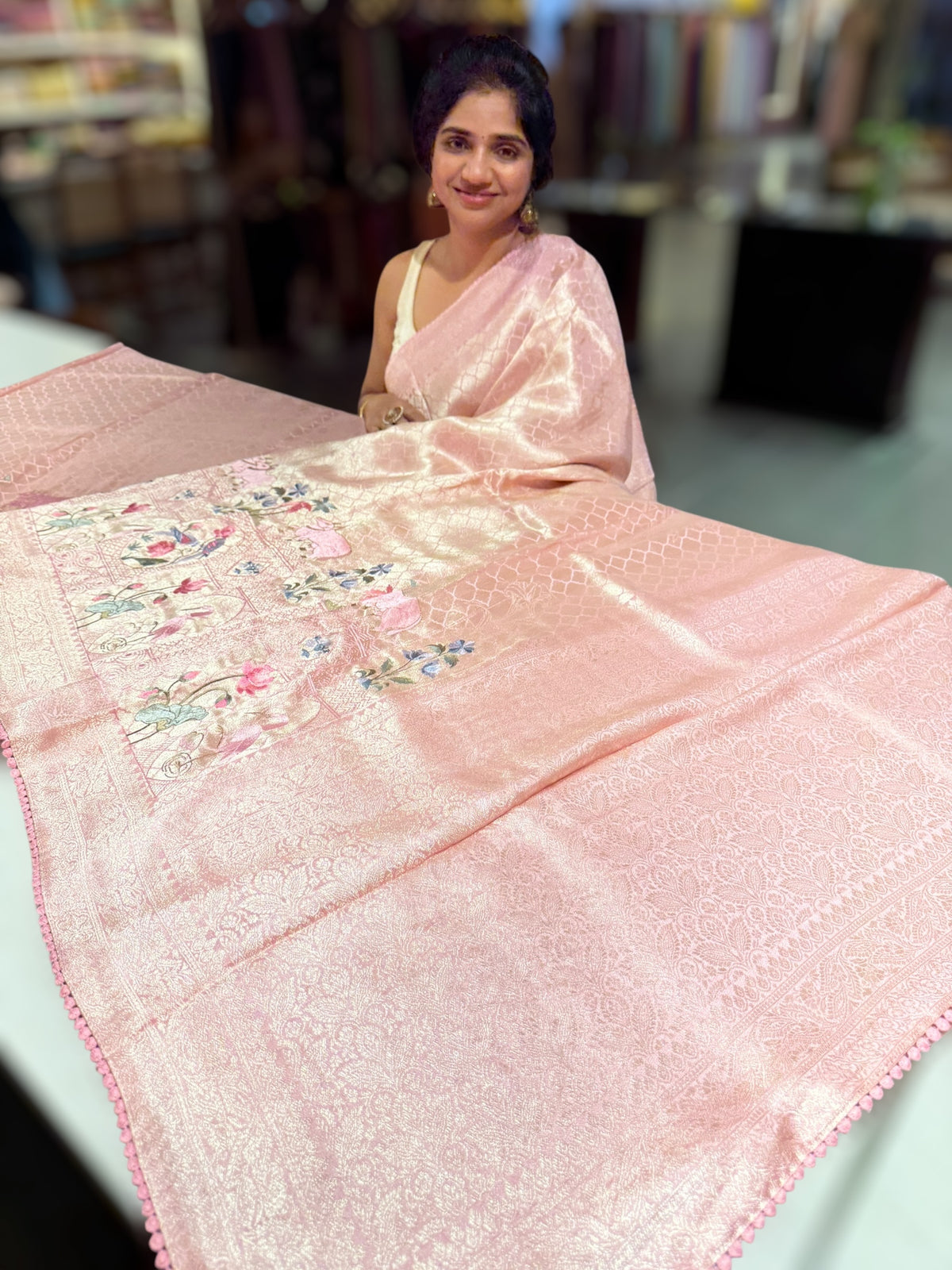 Pastel Pink Fancy Banarasi saree with embroidery
