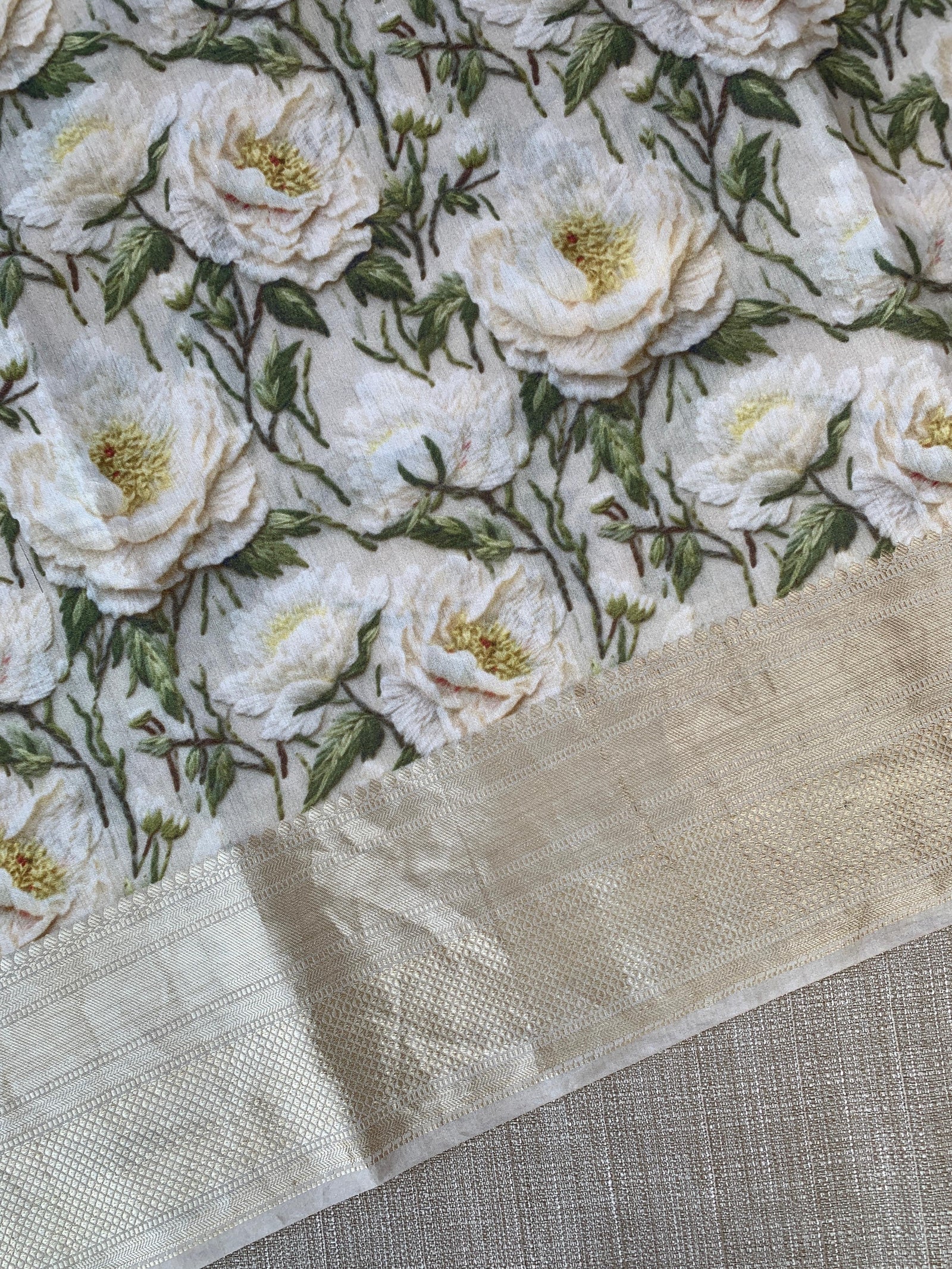 Ivory Pure Handloom Chiniya Silk Saree with stunning 3D Floral Print and zari borders