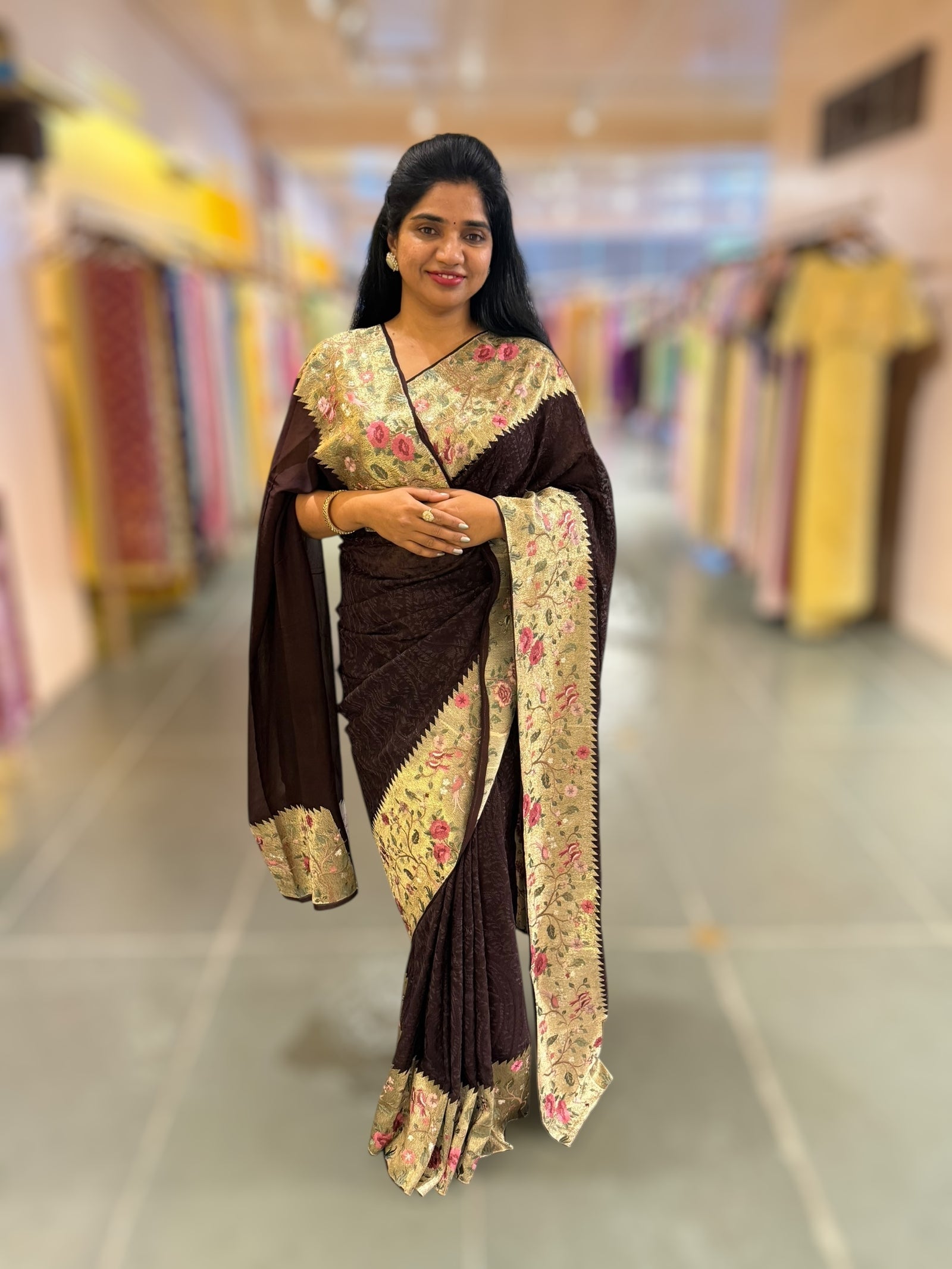 Brown Chikankari Georgette Saree with Tissue embroidered Border