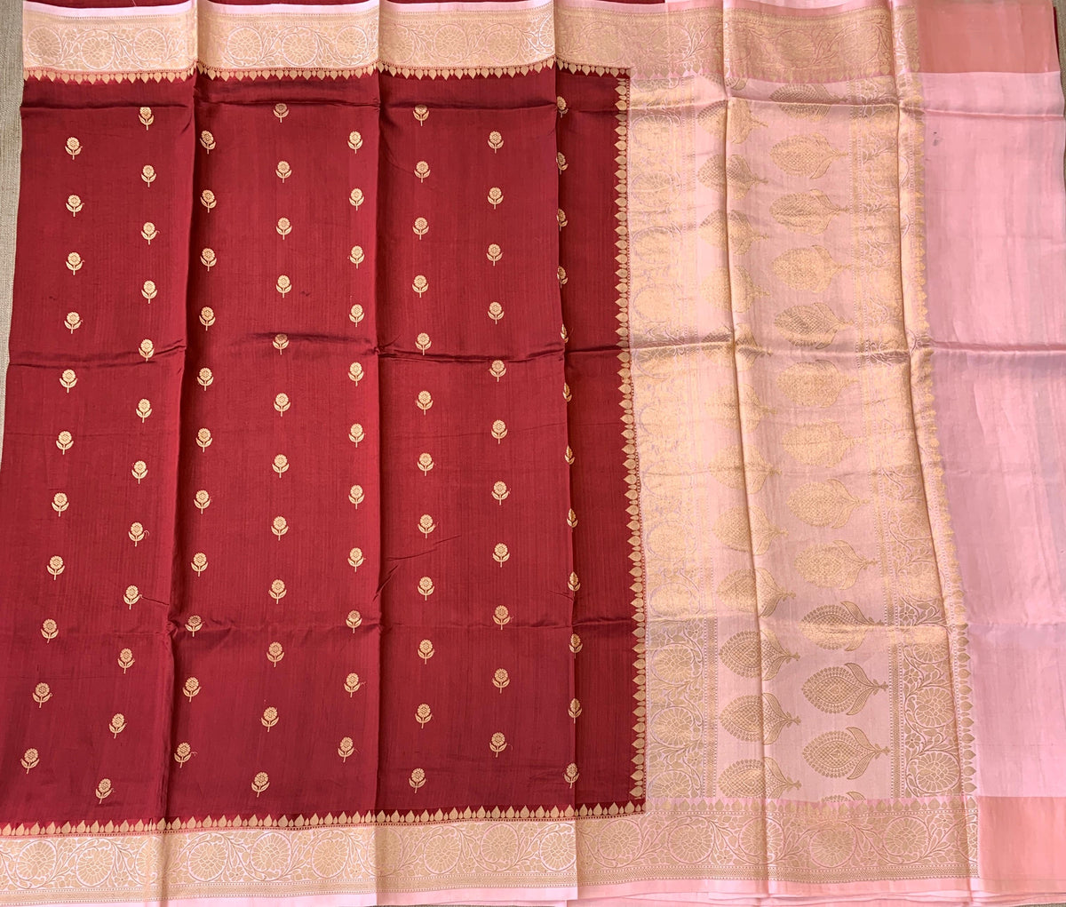 Meroon & Pink Combo Poona Silk Saree with kaduwa woven motifs.