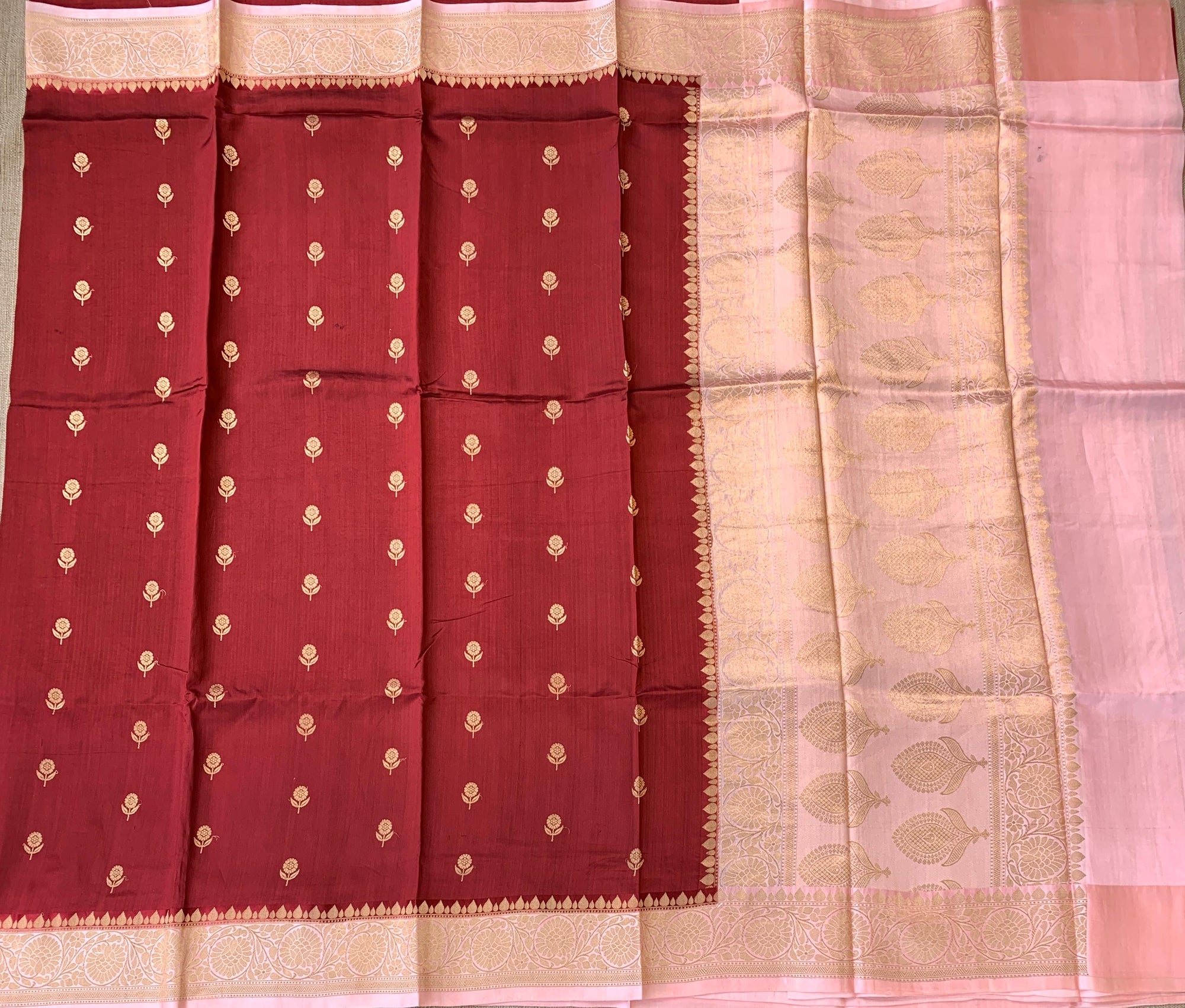 Meroon & Pink Combo Raw Mangoe Silk Saree with kaduwa woven motifs.