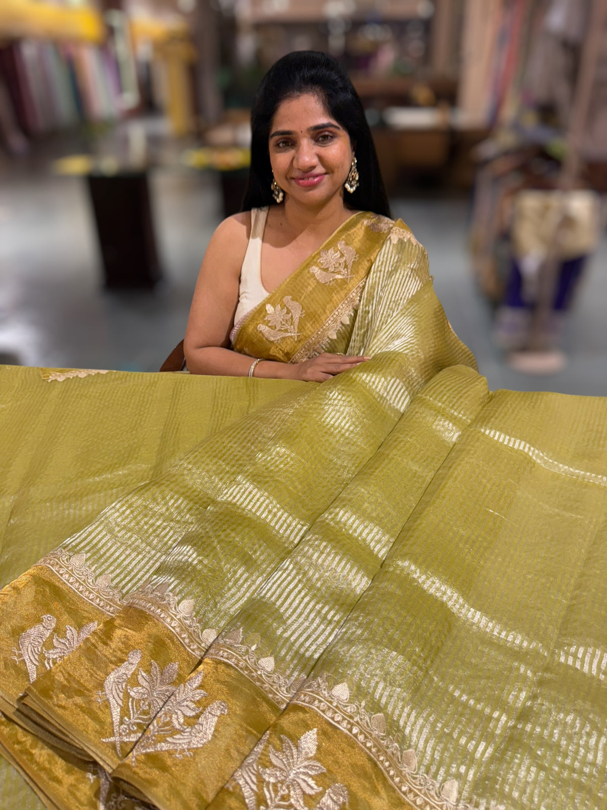 Lime Green Kora tissue stripes Saree with embroidery