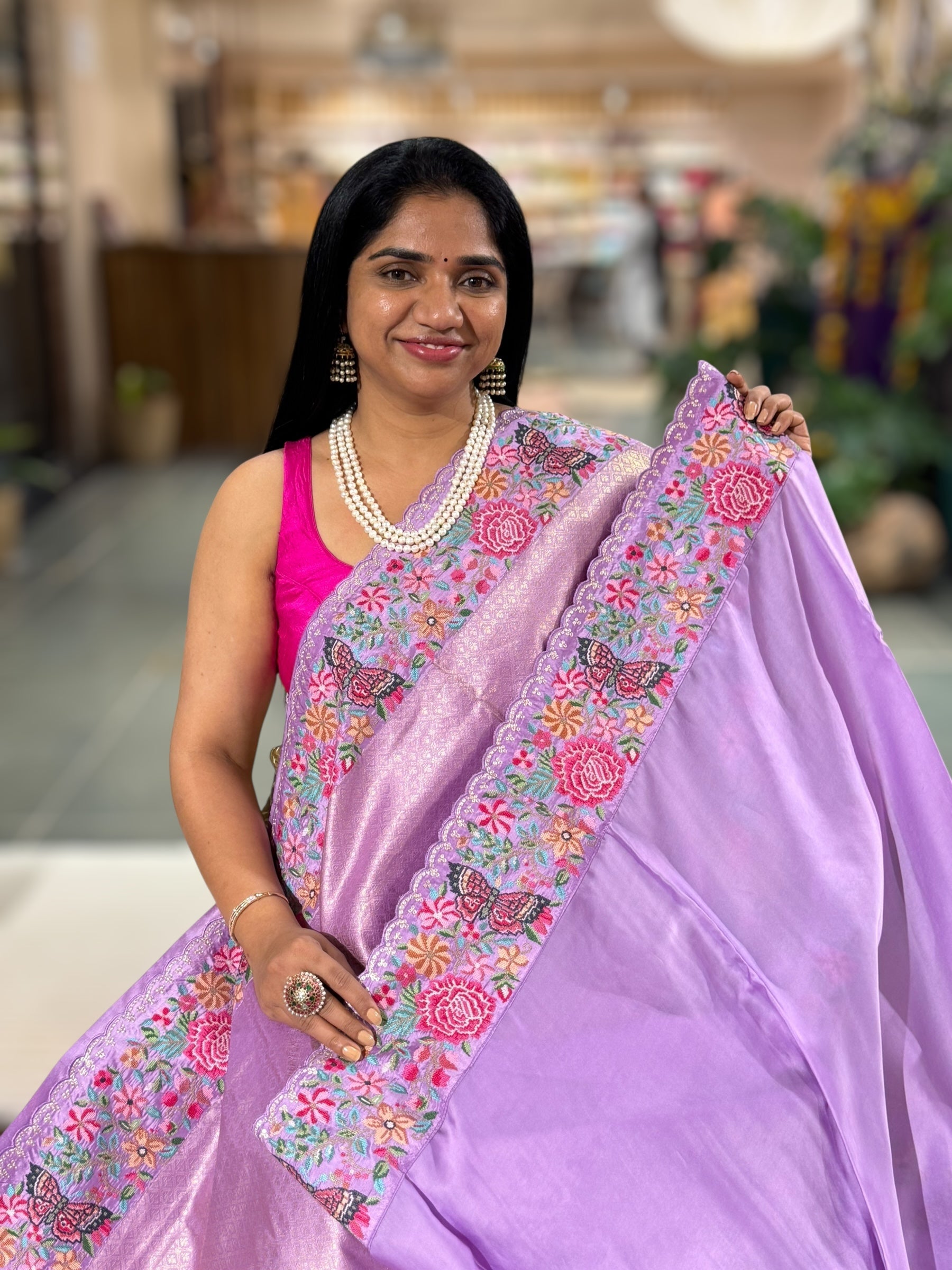 Lilac Kanjeevaram Brocade Saree with Petite Point Embroidered Border