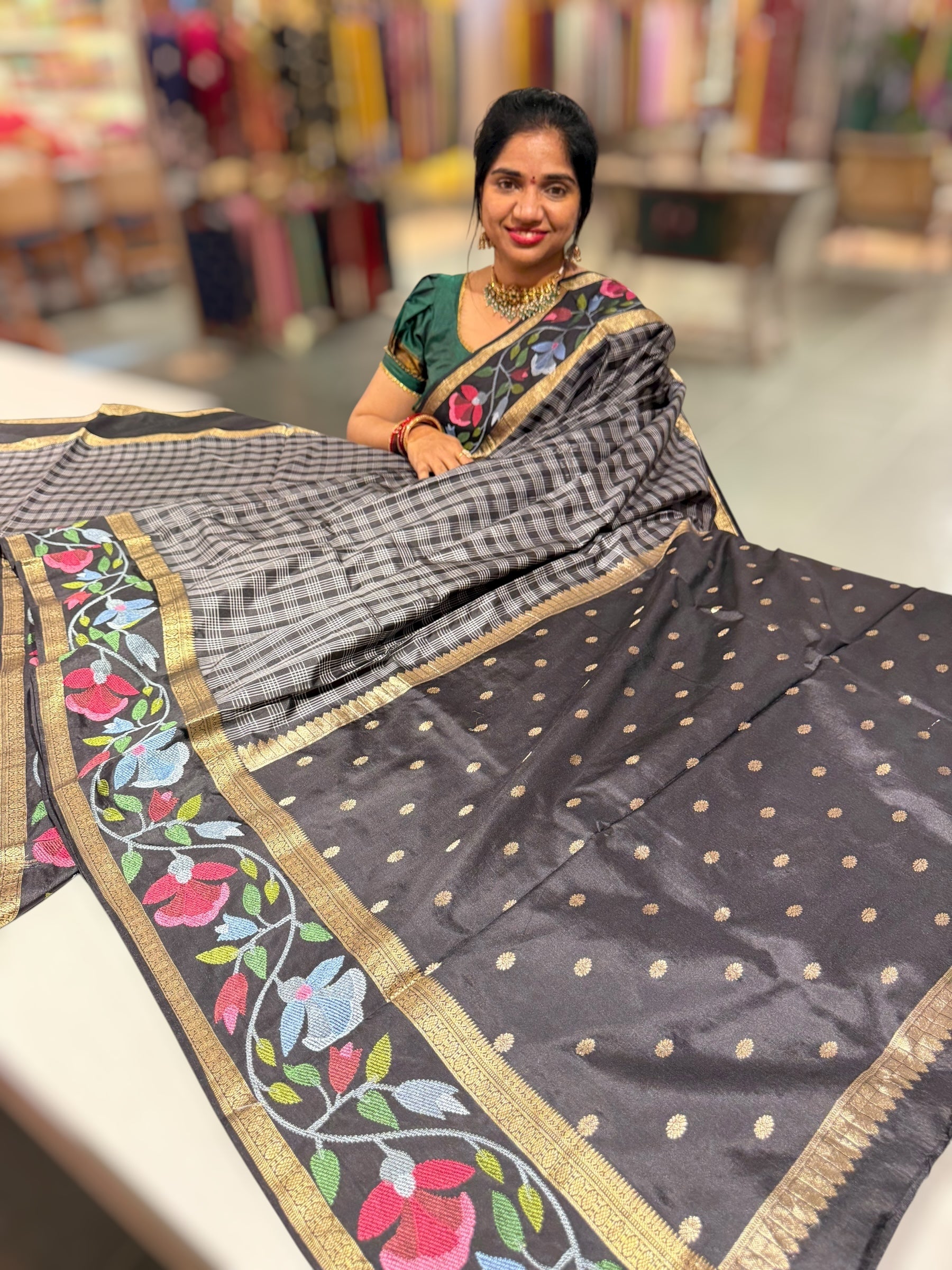 Black Kanchi Vintage Checks soft silk Saree with embroidered border