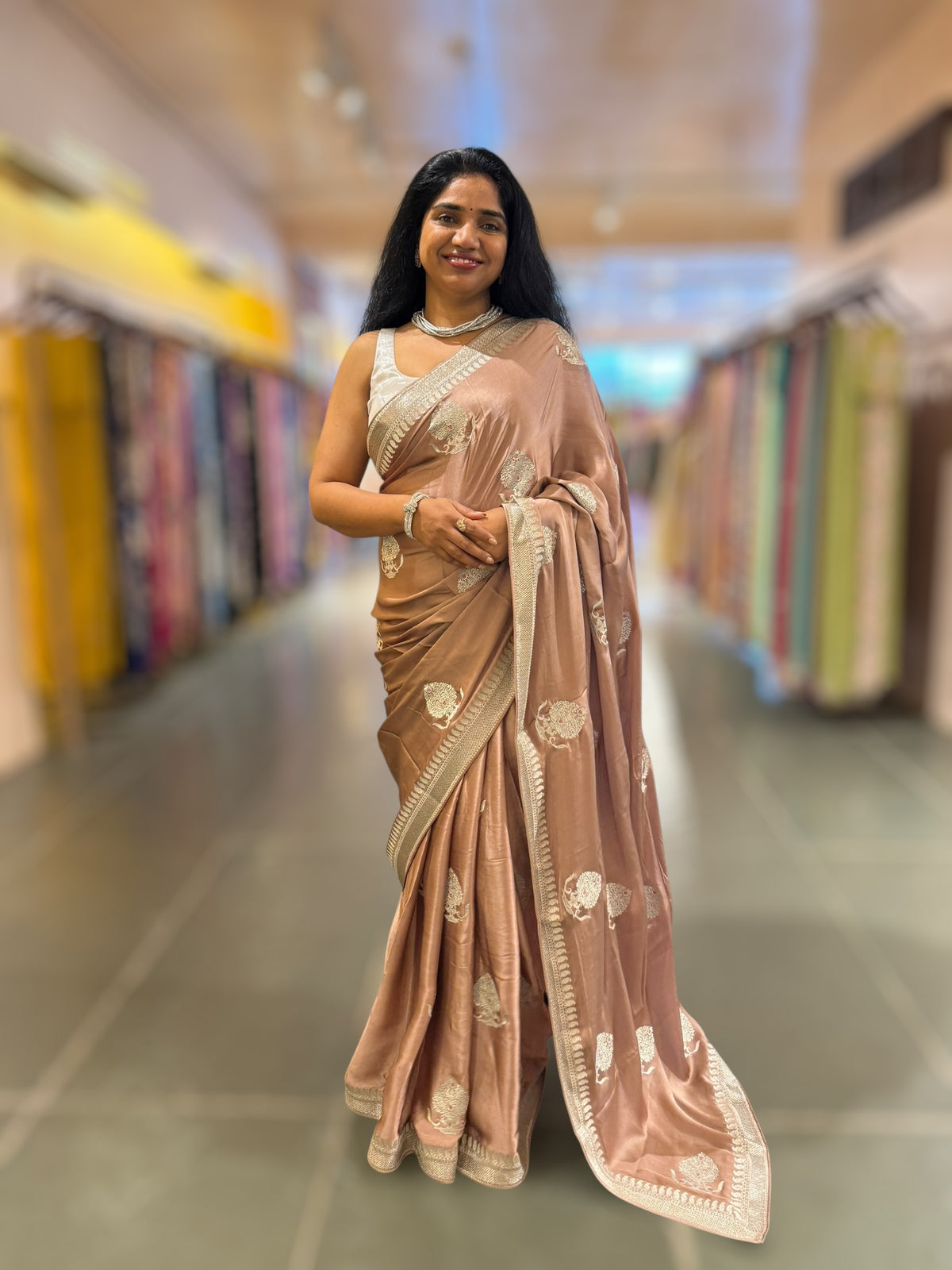 Light Brown Satin Saree with Embroidery.