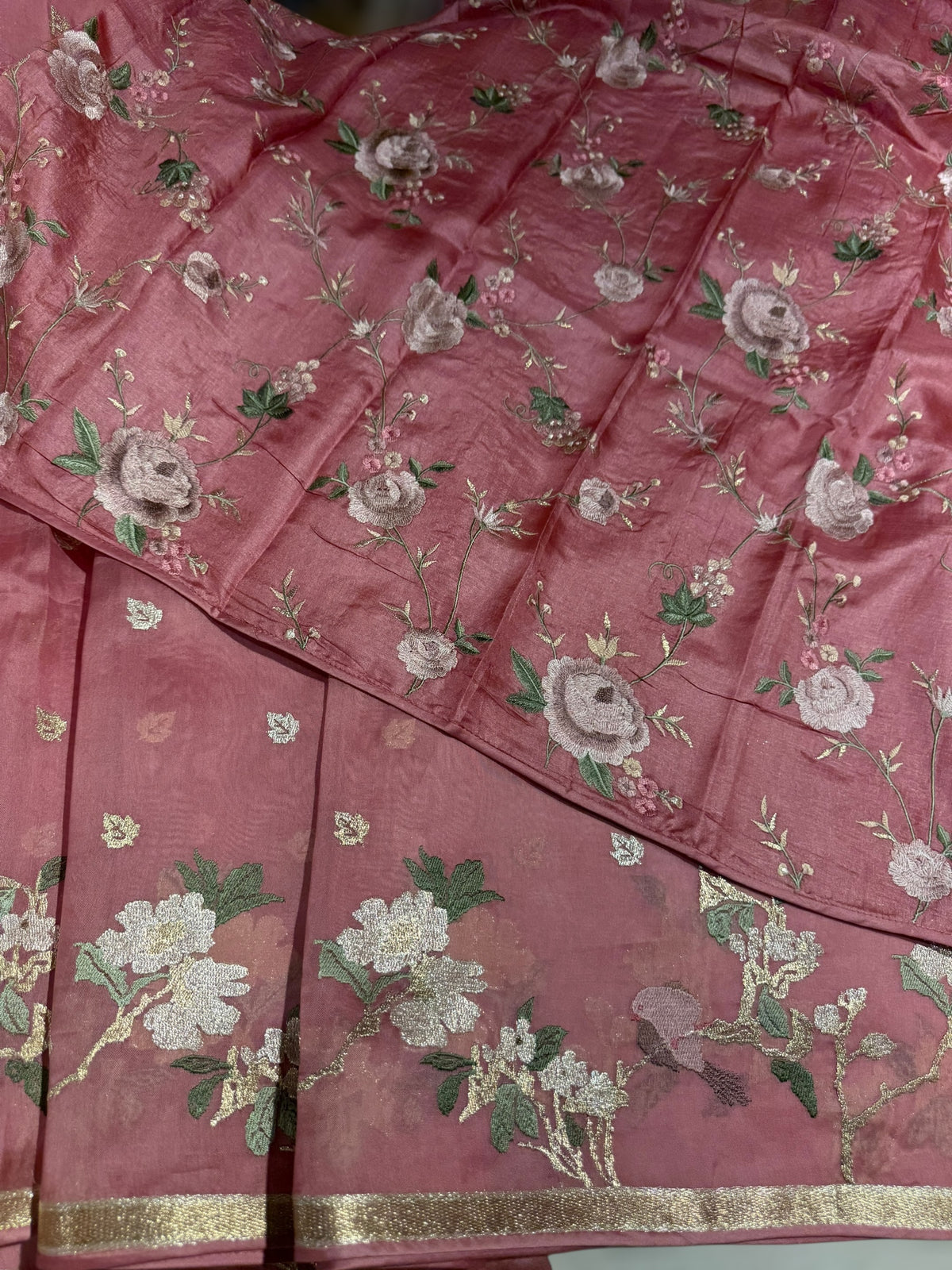 Onion Pink Pure Organza with jamdani inspired embroidery