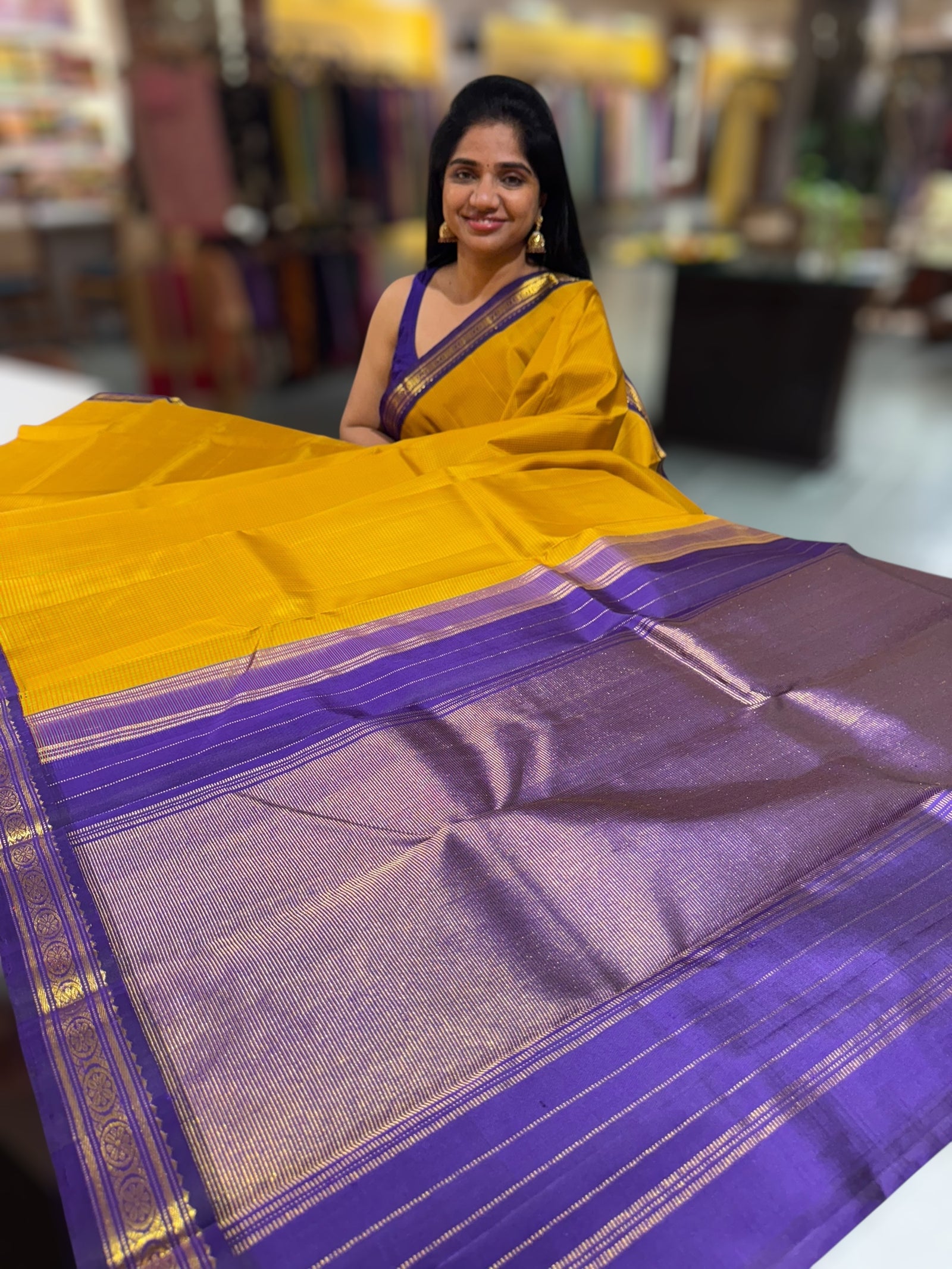 Mustard checks kanjeevaram saree