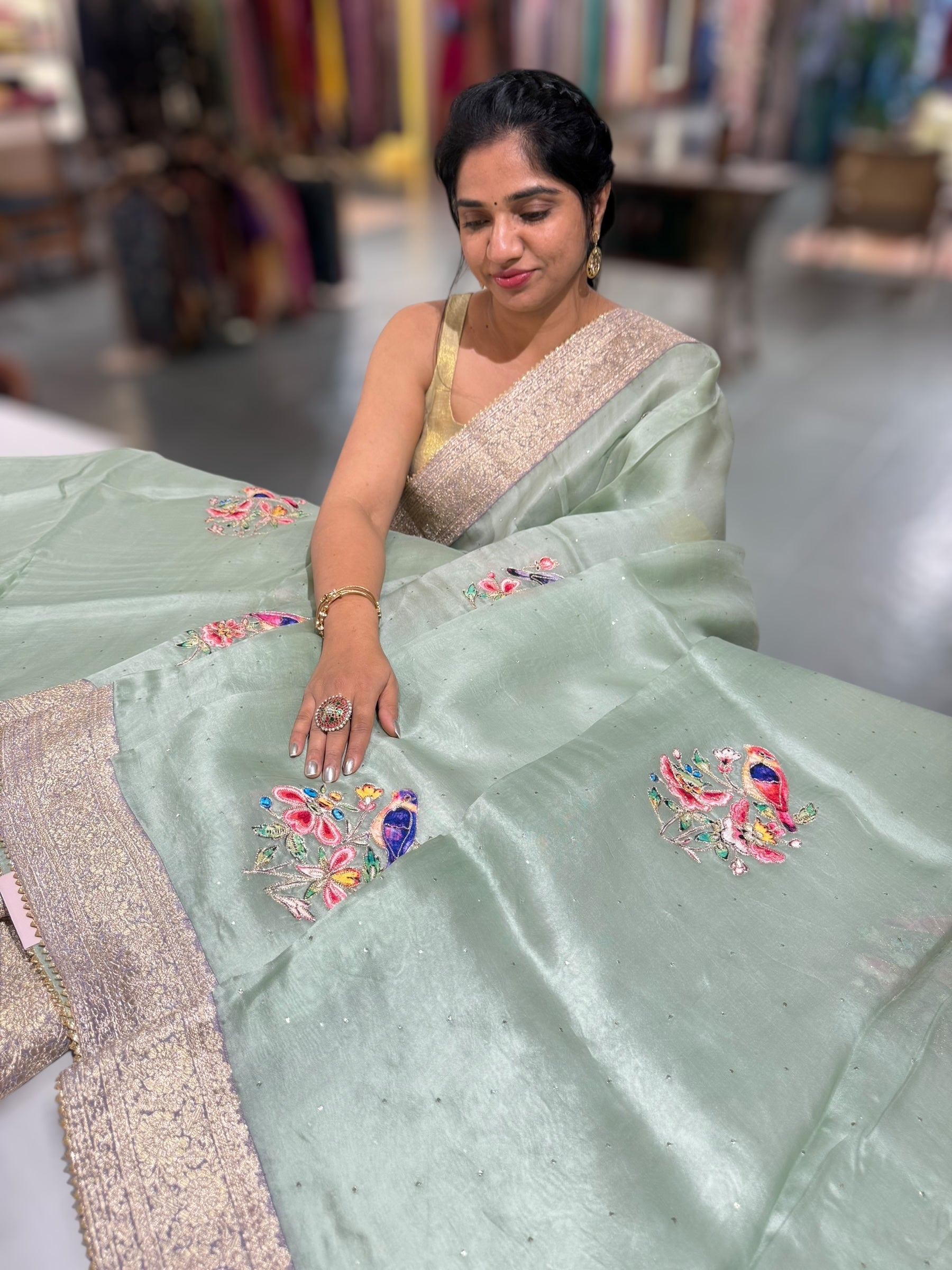 Mint Pure Organza Saree with banarasi pitawork border and bird applique motifs allover the saree