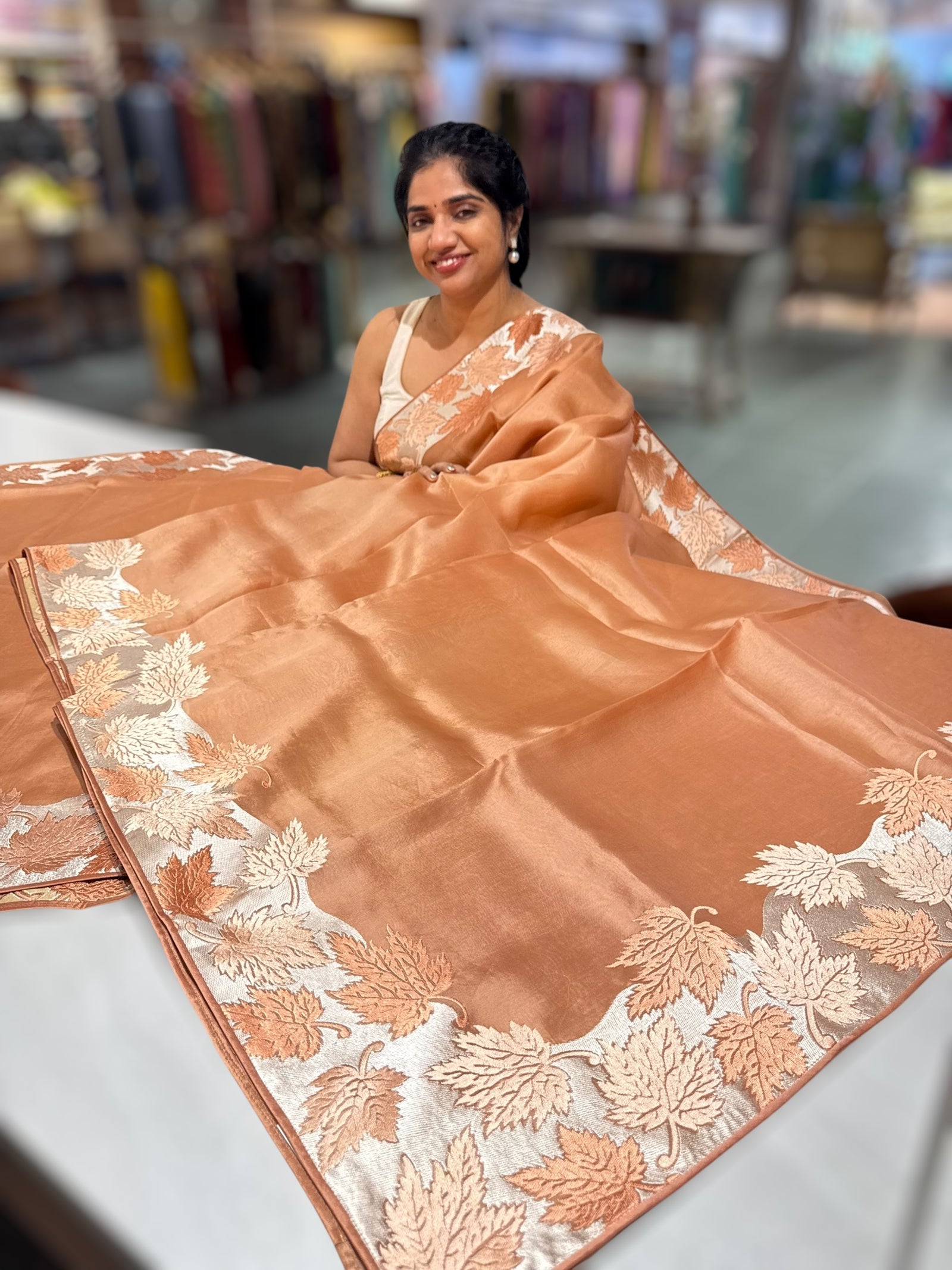 Peach Organza Saree with Stunning Leaf Embroidered Border