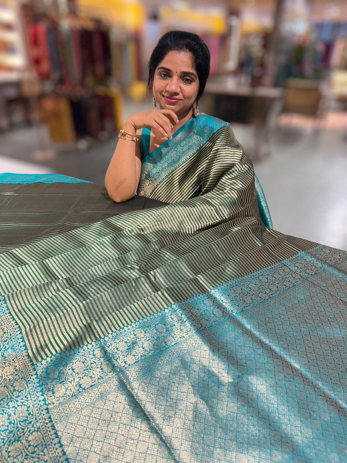 Emerald Green Banarasi Silk Stripes Saree