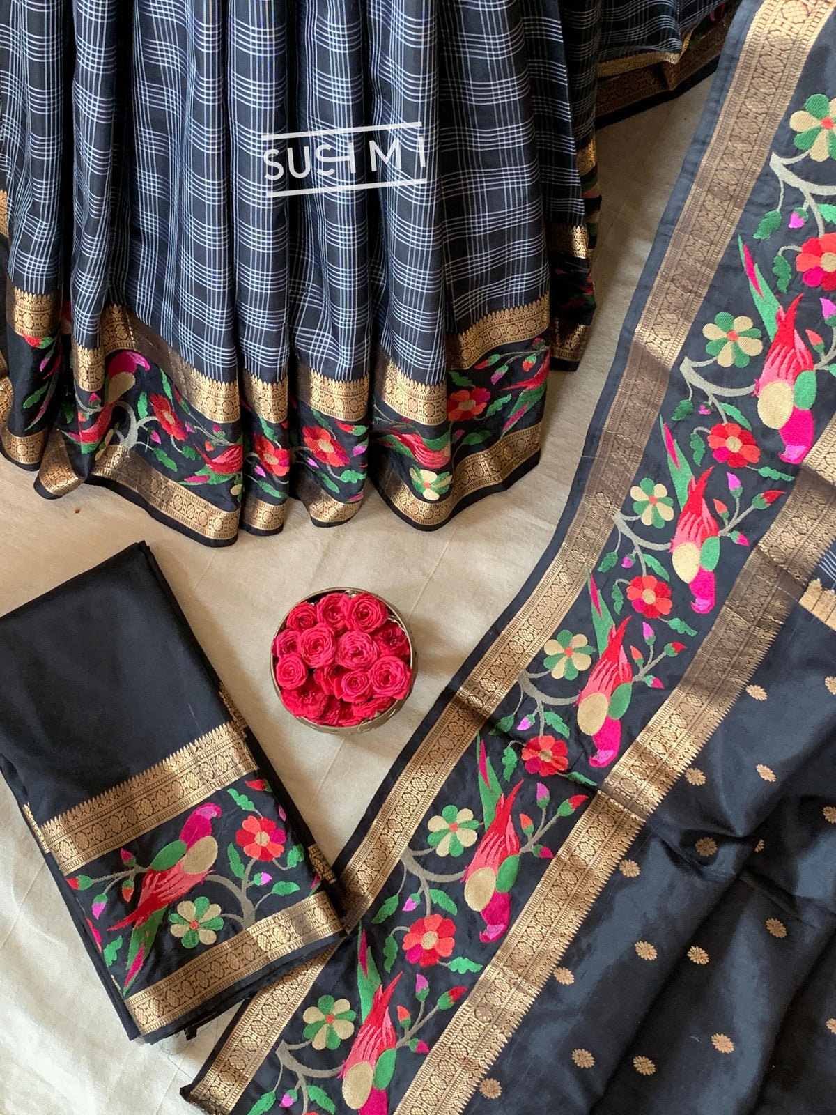 Black Vintage checks Kanjeevaram soft silk saree with embroidery D62F042