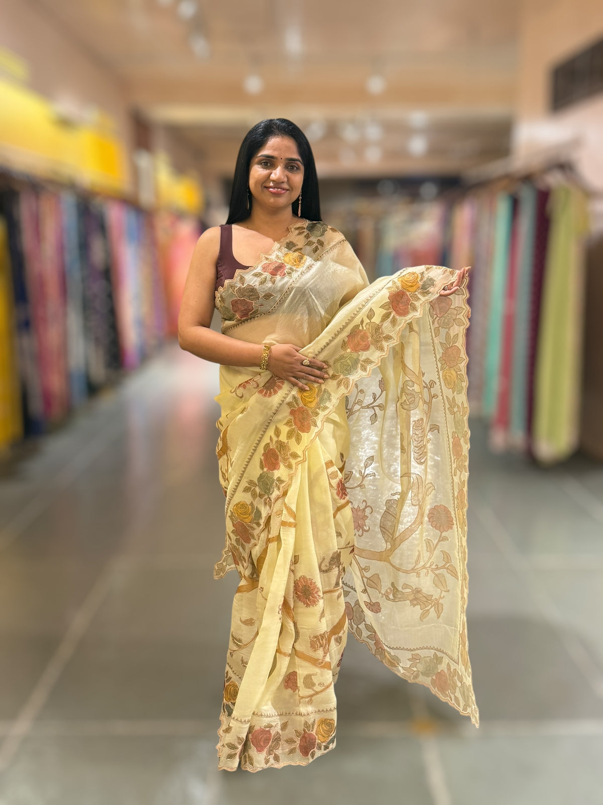 Pastel Yellow Pure Organza Applique Work Saree