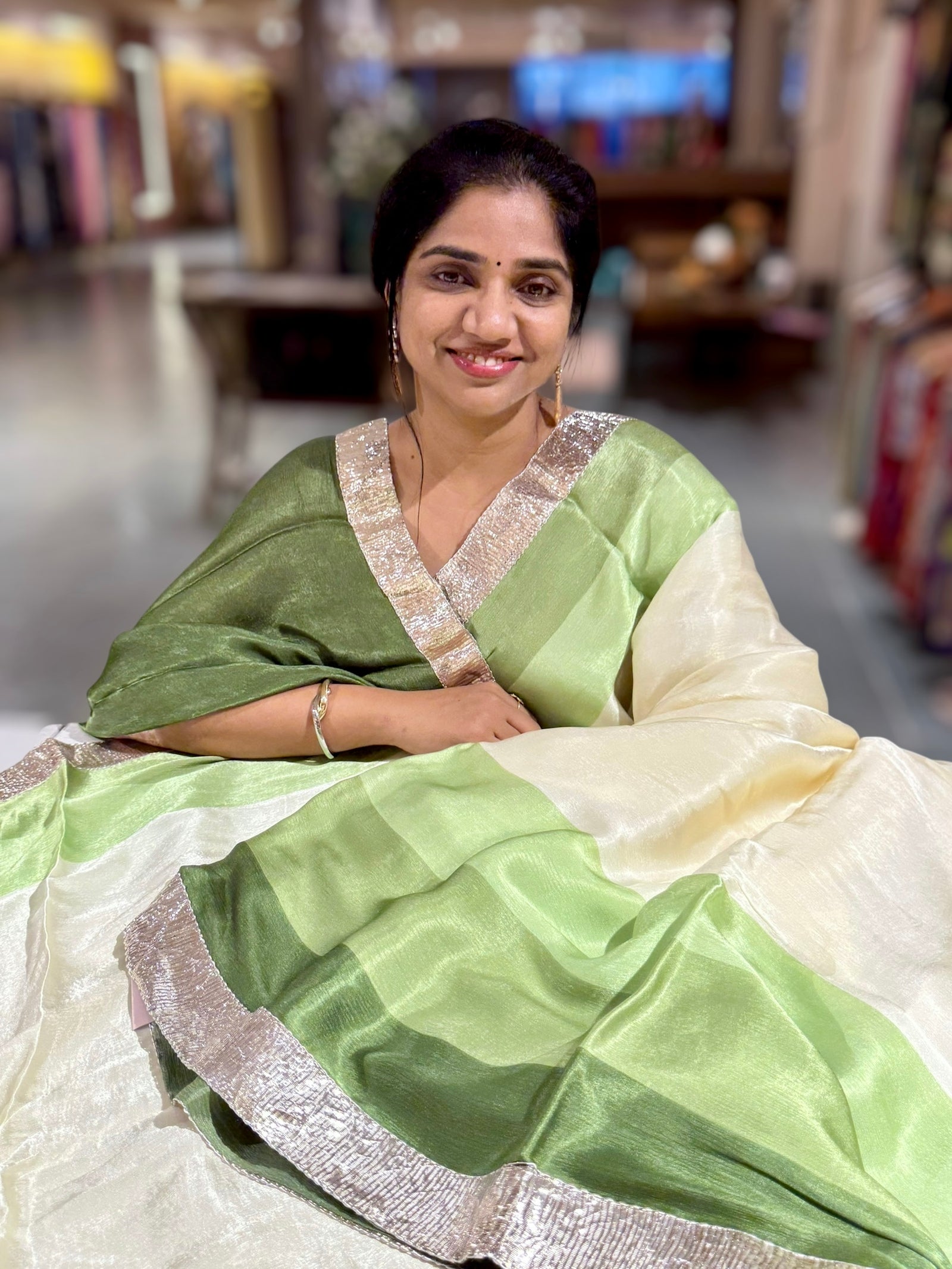 Ivory & Green Combo Chinnon Crepe Saree with Gotapatti Borders