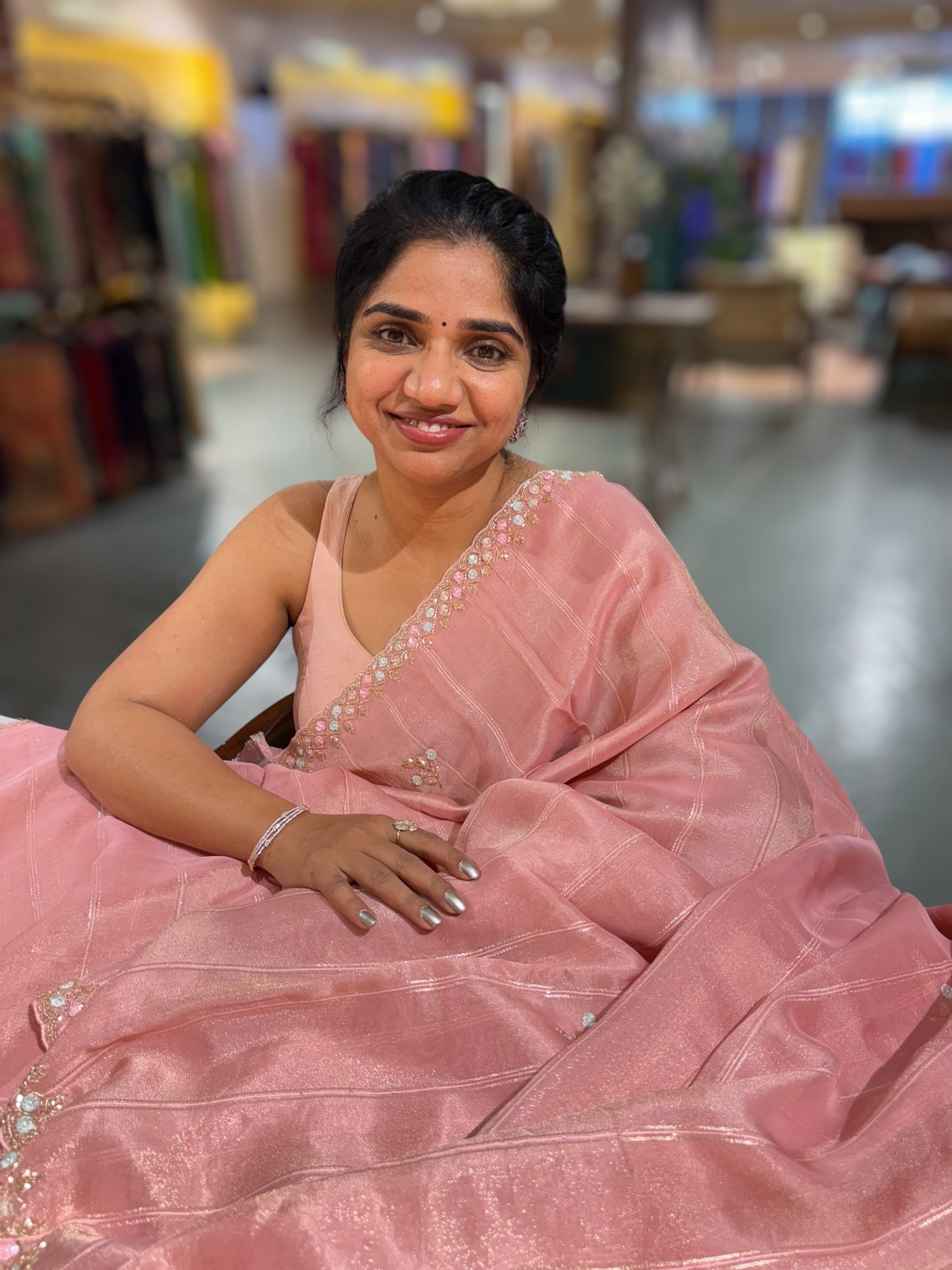 Tissue Gorgette Saree With Hanwork Border and Blouse.