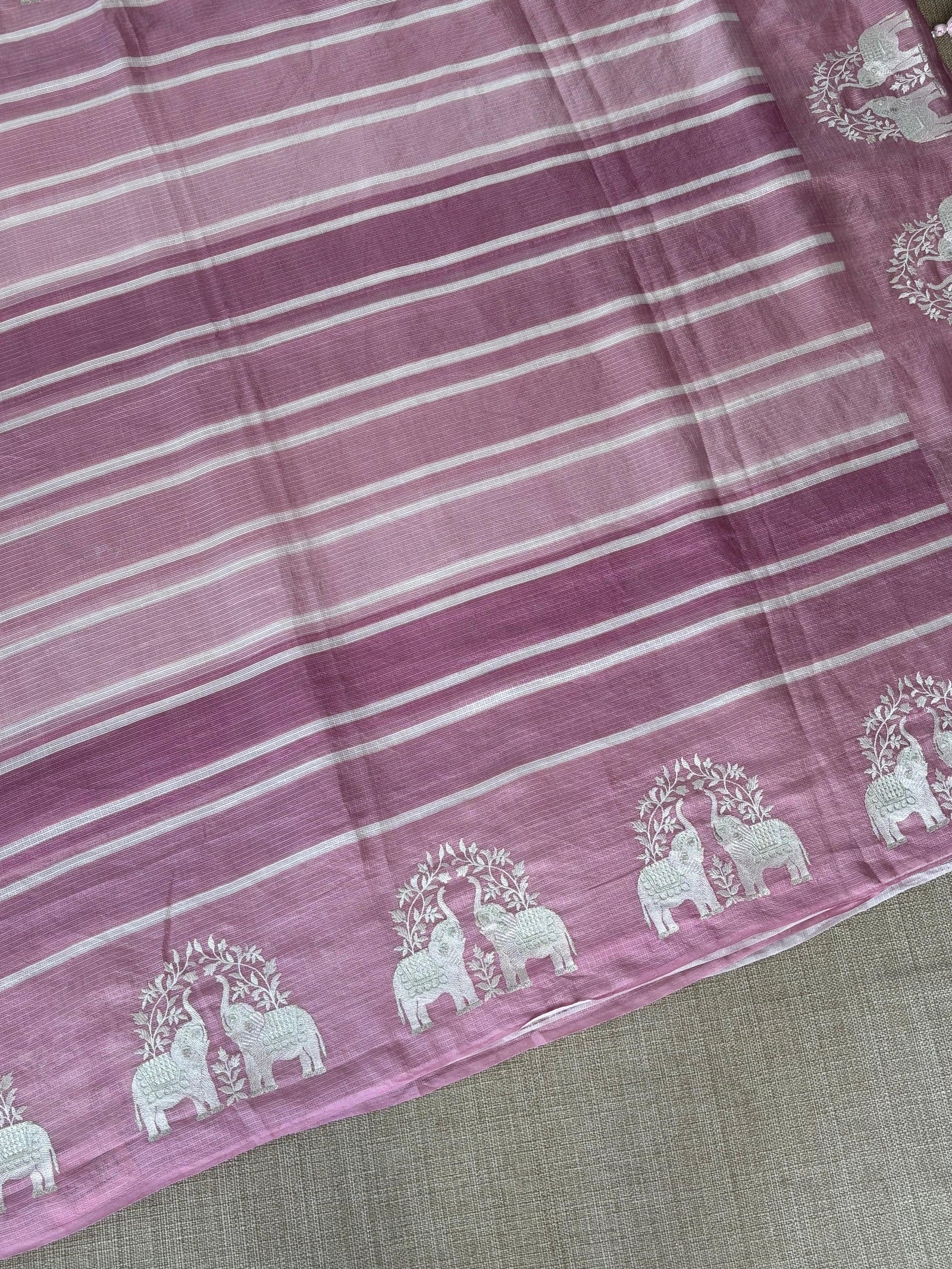 Dusty Pink Designer Silk kota saree with elephant embroidered border