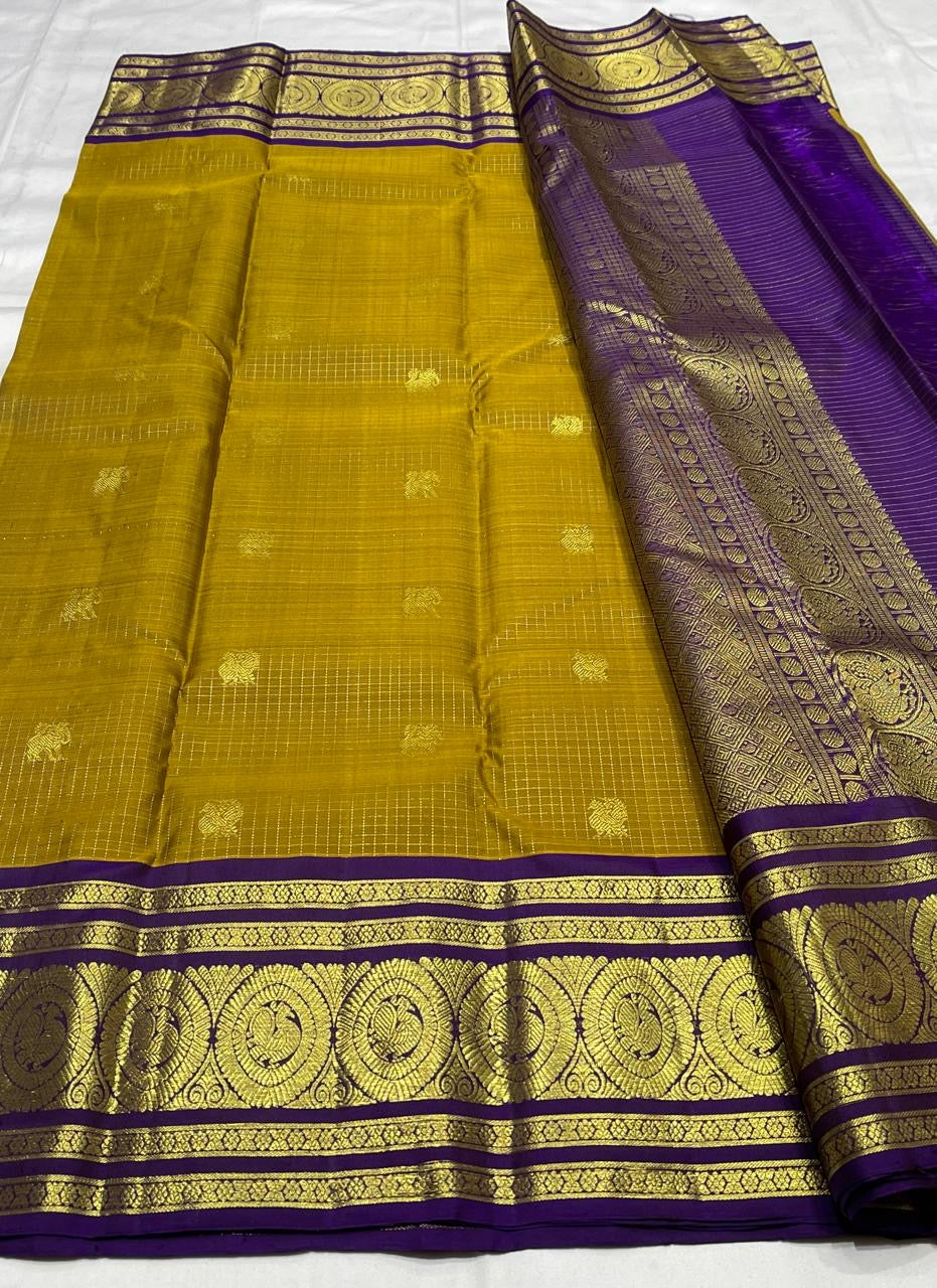 Mustard olive & Brinjal Combo Kanchipuram Vintage checks Saree