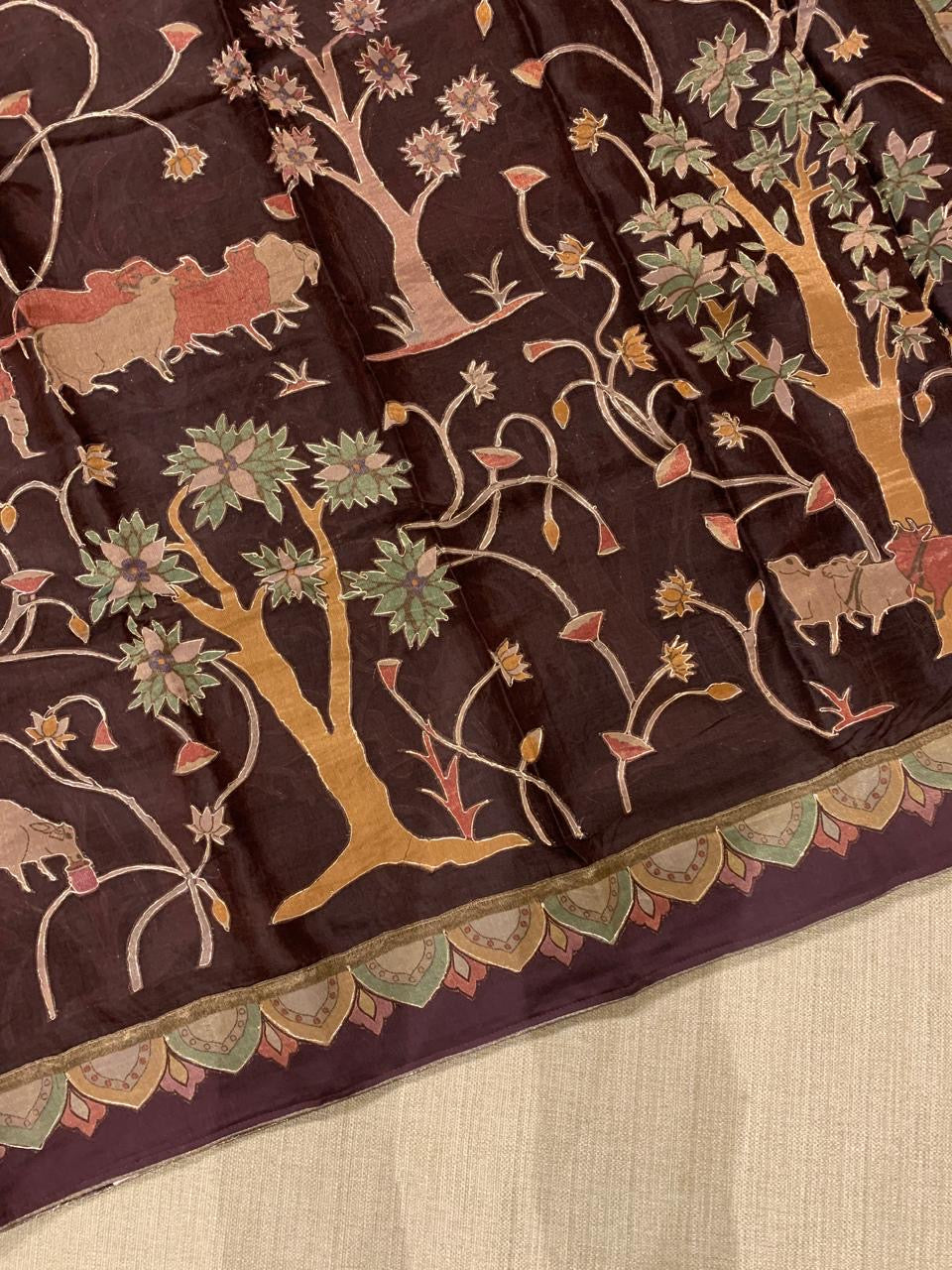 Brown Designer Organza Saree with Stunning Tissue Applique work Saree with Village theme