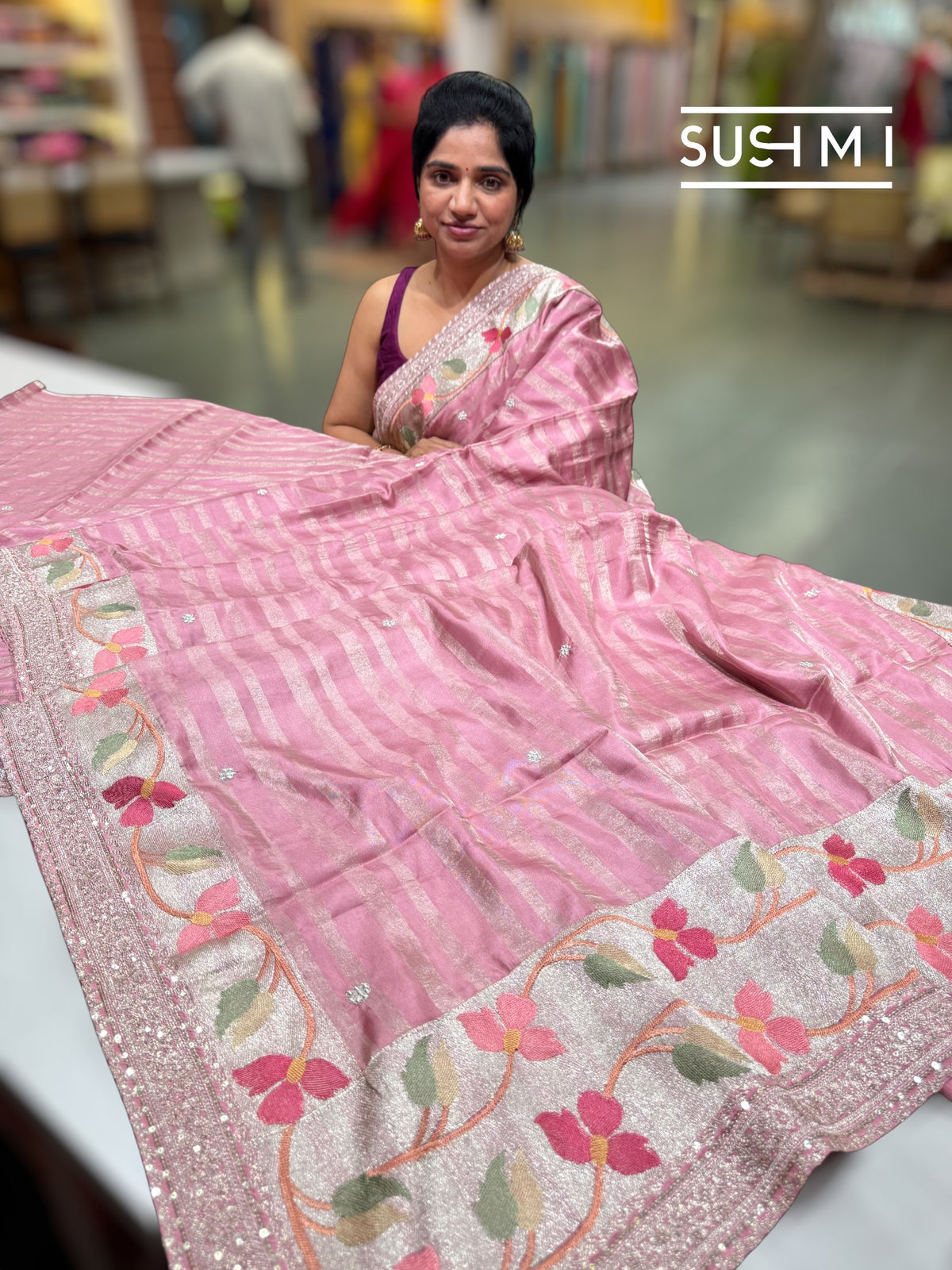 Dusty Pink Soft Silk Saree with paithani embroidery : SM023