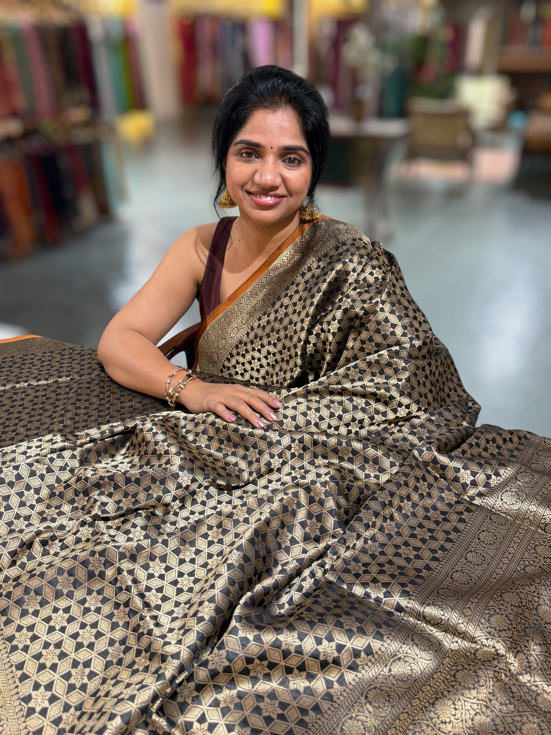 Black Banarasi Tanchoi Silk Saree