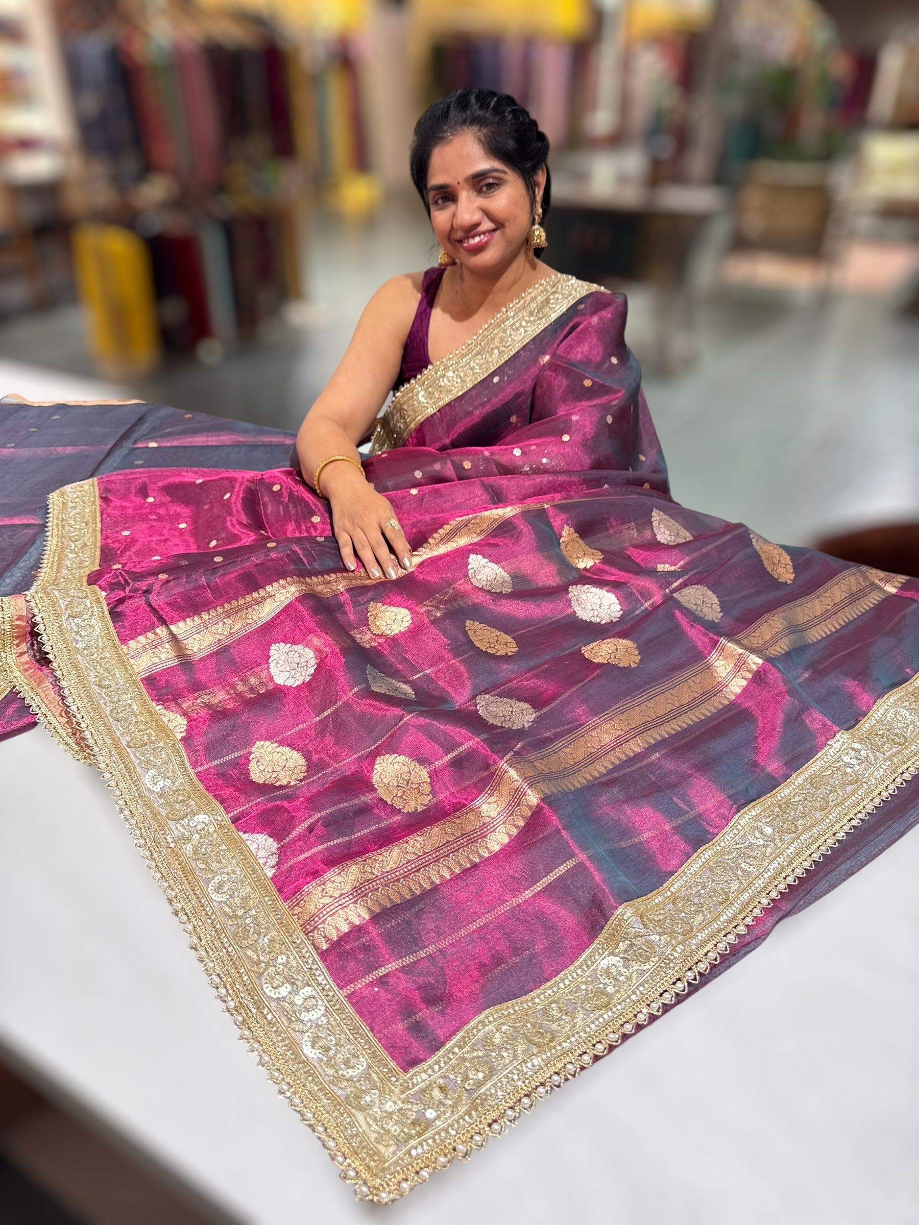 Wine Pure handloom Banarasi Tissue saree