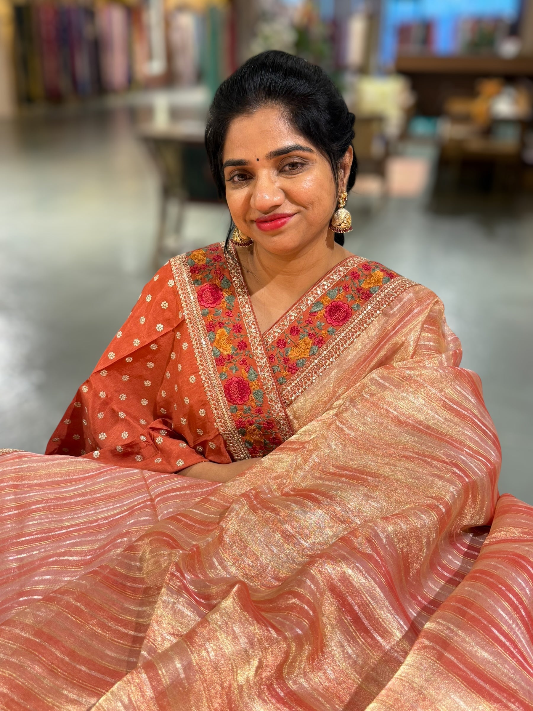 Peachish Rust Kora Tissue Stripes Saree with Sabhyasachi Style Embroidered Borders & Blouse