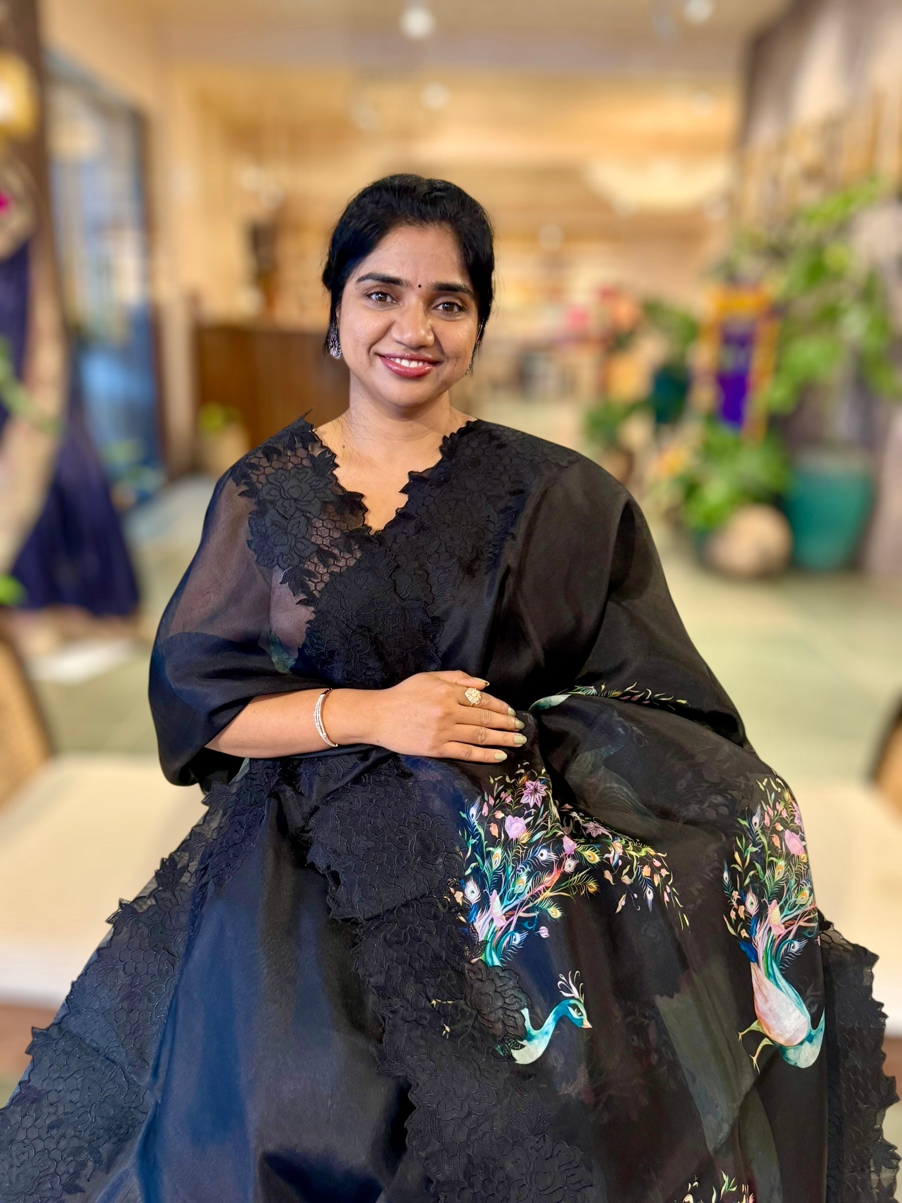 Black Printed Organza Saree With Chantilly Lace Style Embroidered Border.