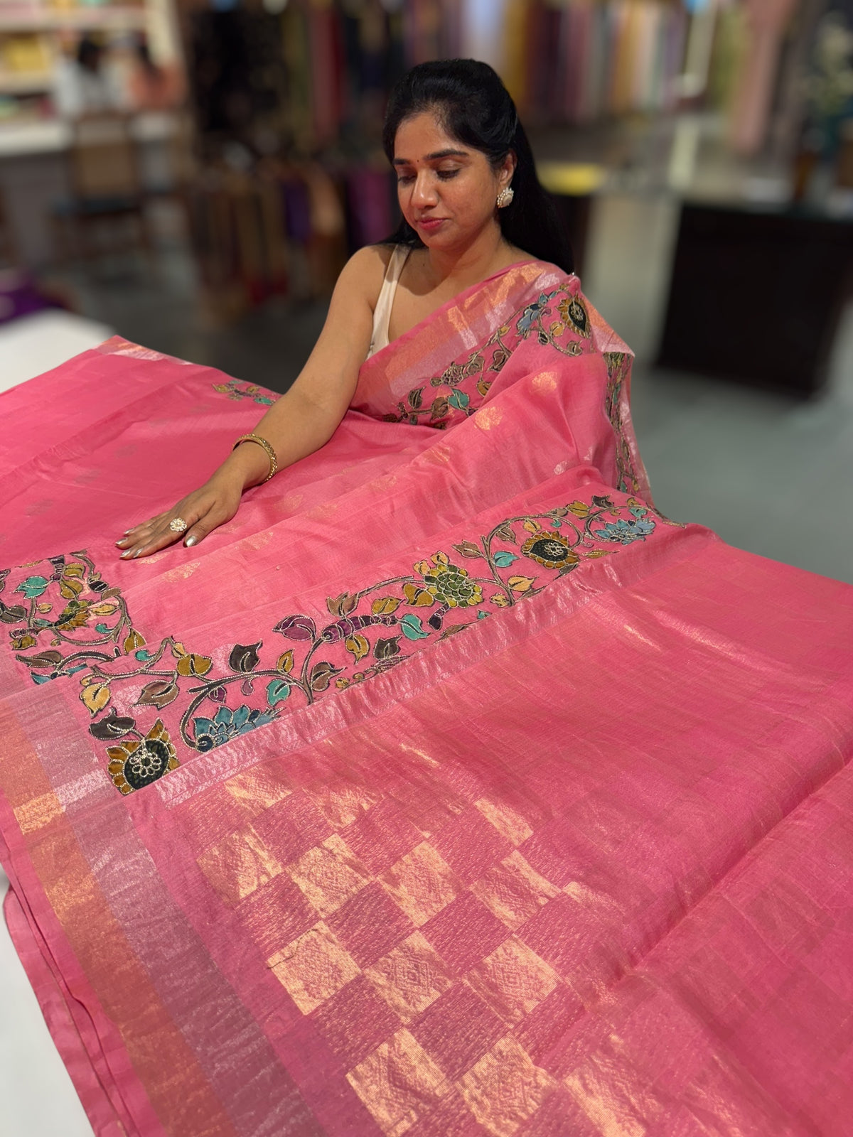 Peach Pink chanderi silk cotton saree with kalamkari applique border