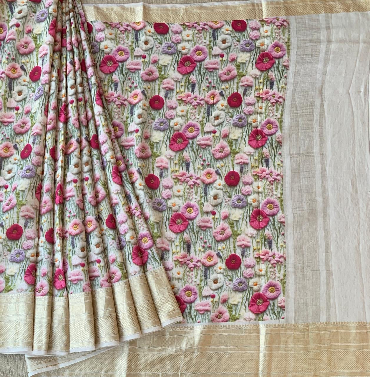 Ivory Pure Handloom Chiniya Silk Saree with stunning Floral Print and zari borders