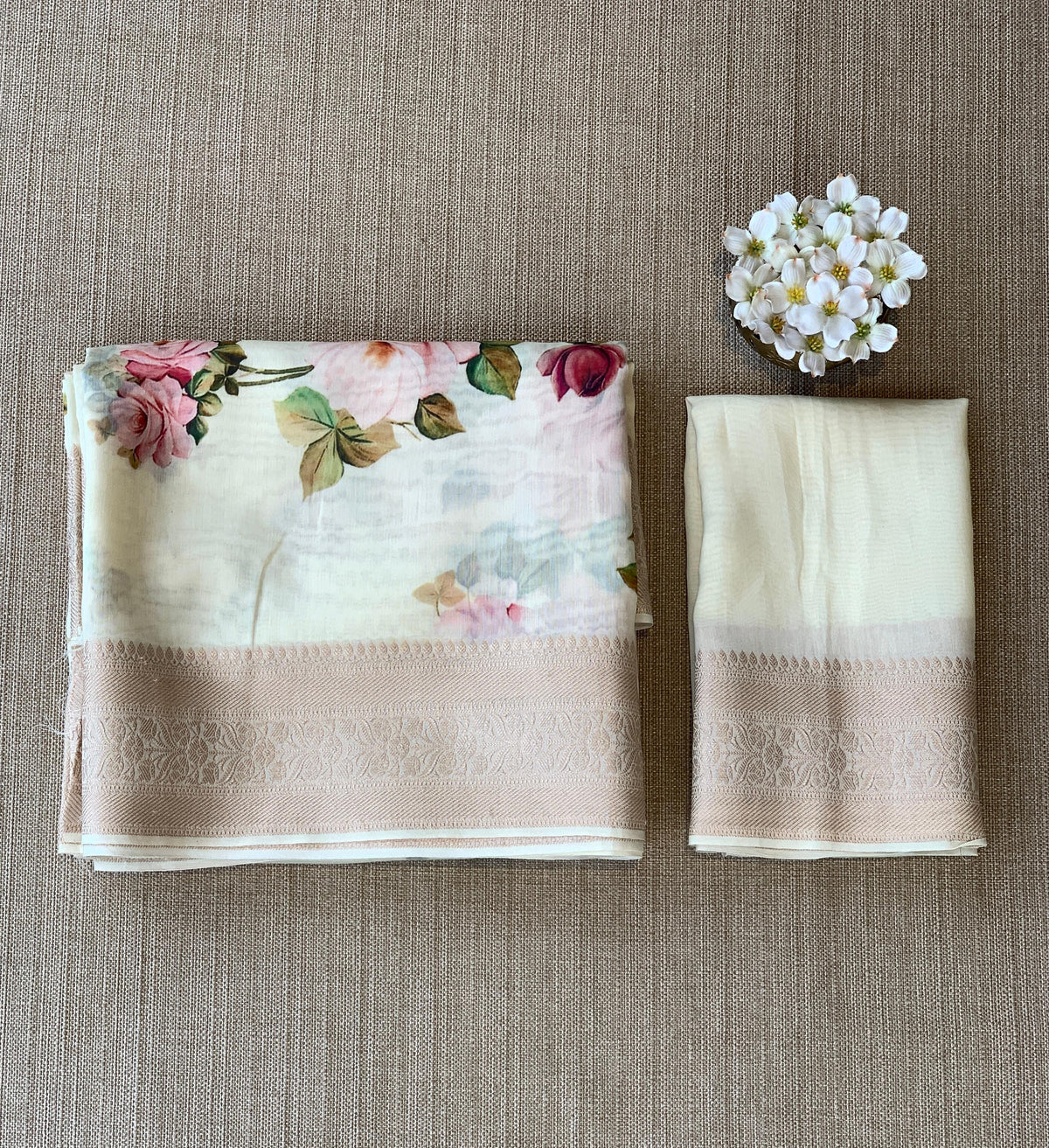 Ivory Pure Handloom Chiniya Silk Saree with stunning Floral Print and zari borders