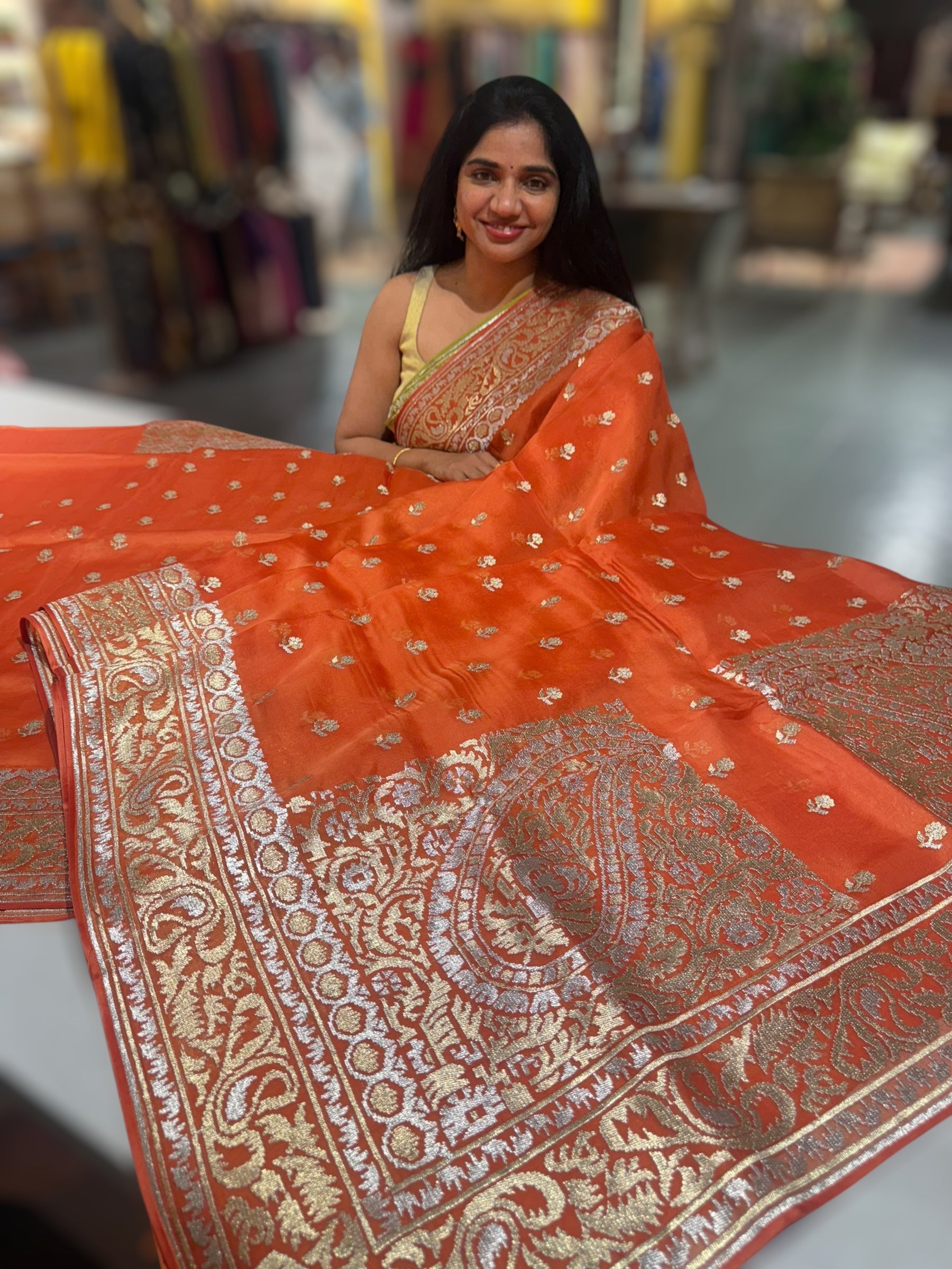 Orange Pure Organza Saree With Jamdani Inspired Embroidery