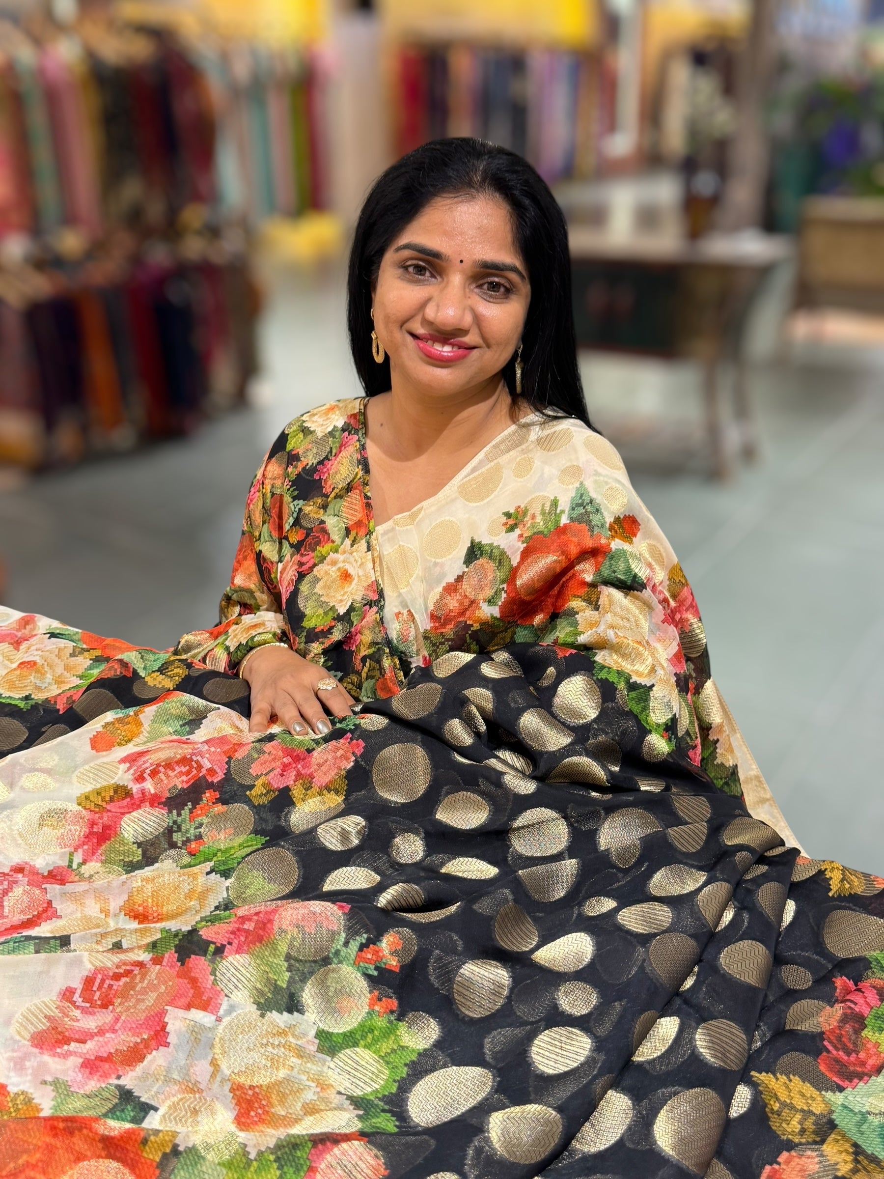 Black Banarasi Kora Gorgette Polka dot Printed Sareep