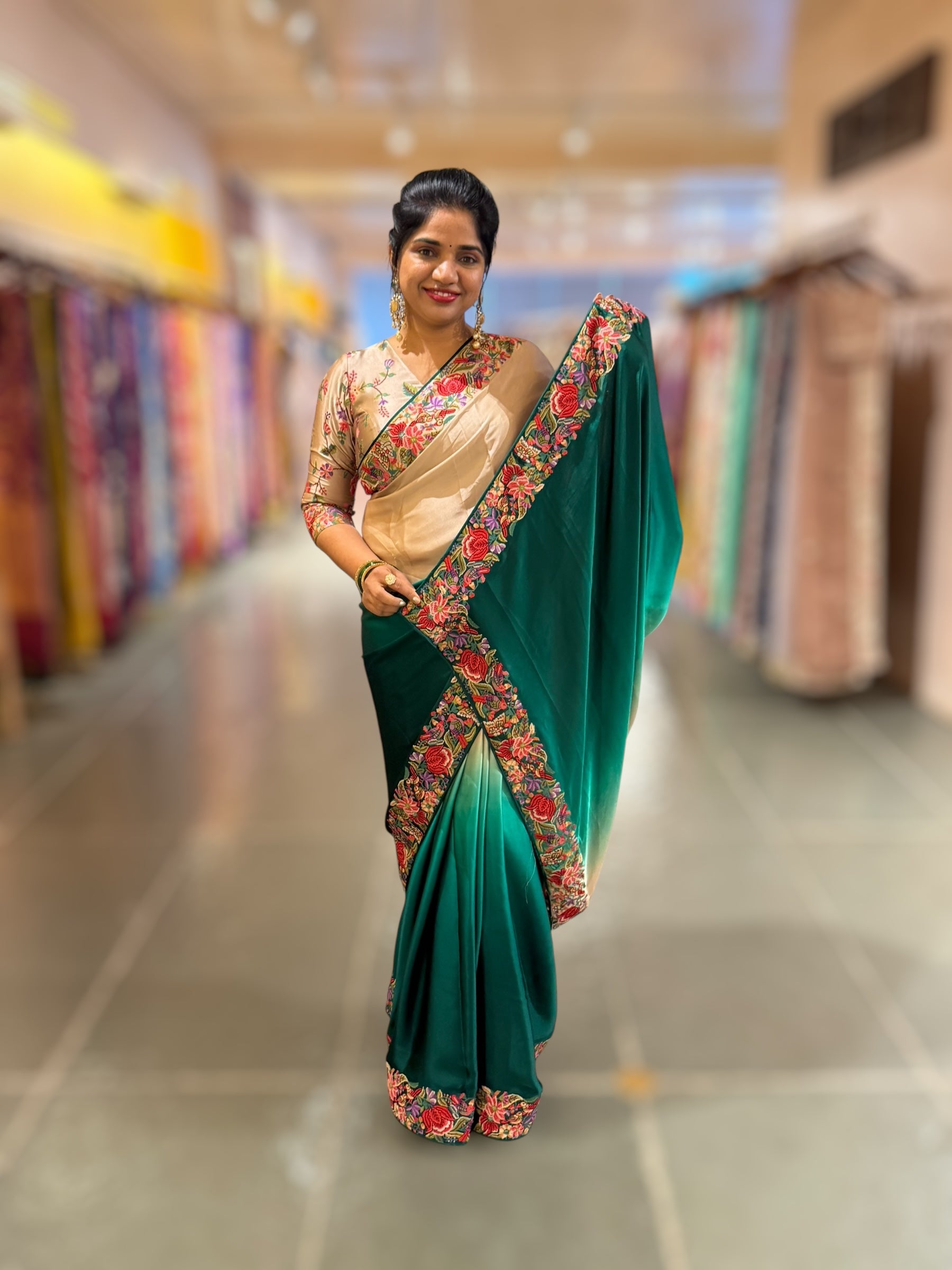 Pure Satin Ombre Dyed Saree with Petite Point Embroidered Border and blouse.