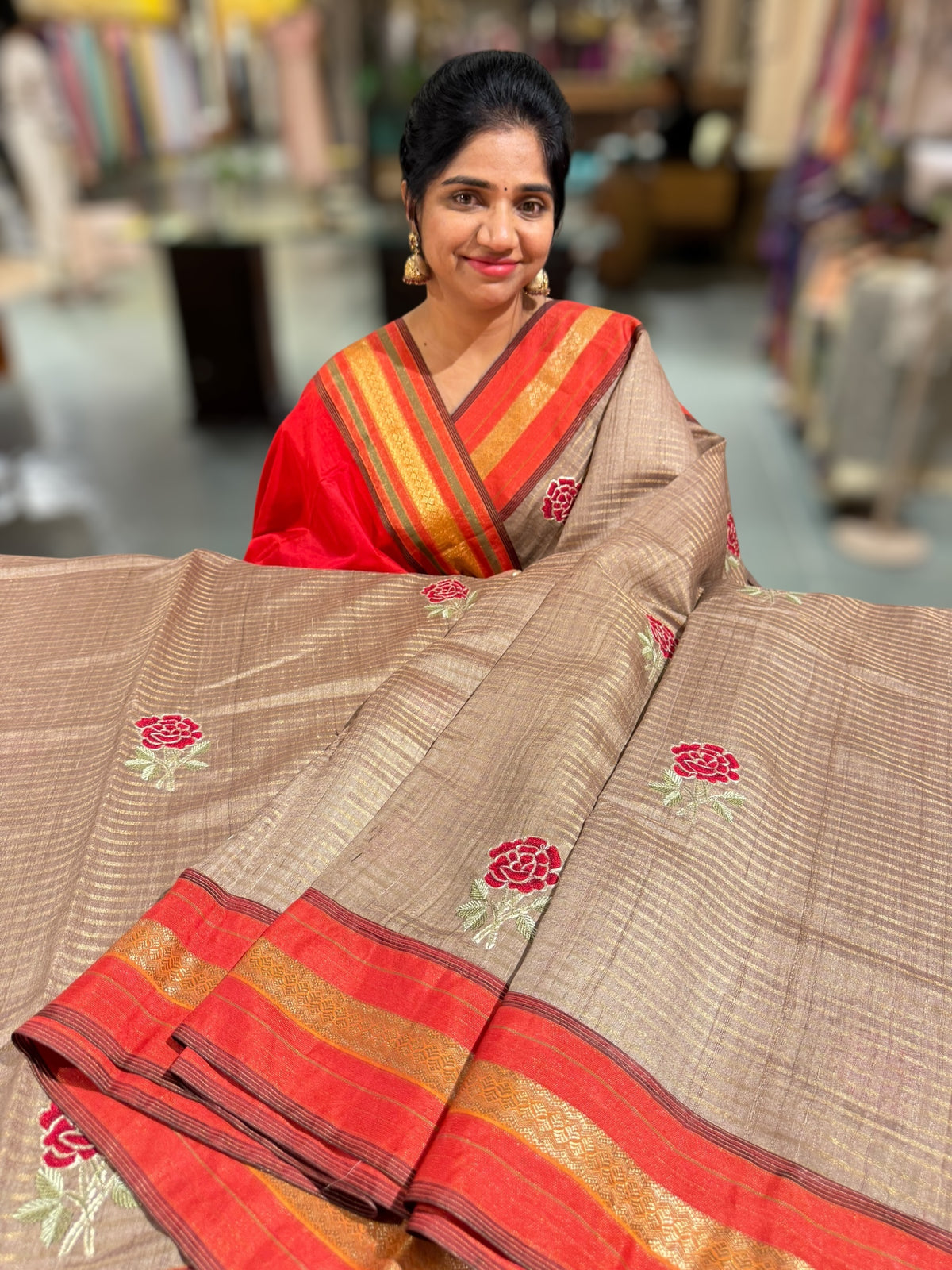 Chickoo Tussar Tissue and Silk fusion Saree with embroidery