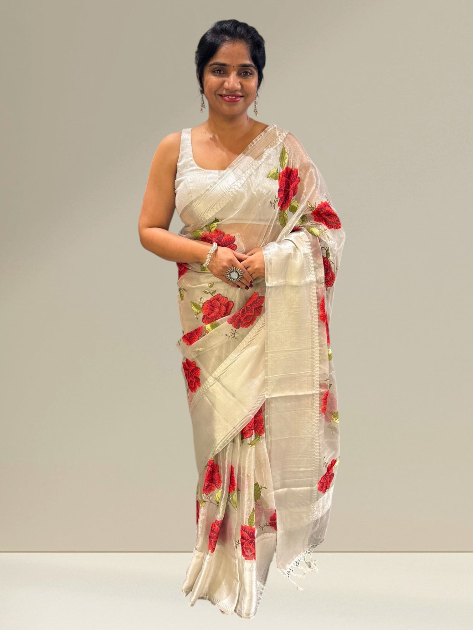 Silver tissue saree with embroidery