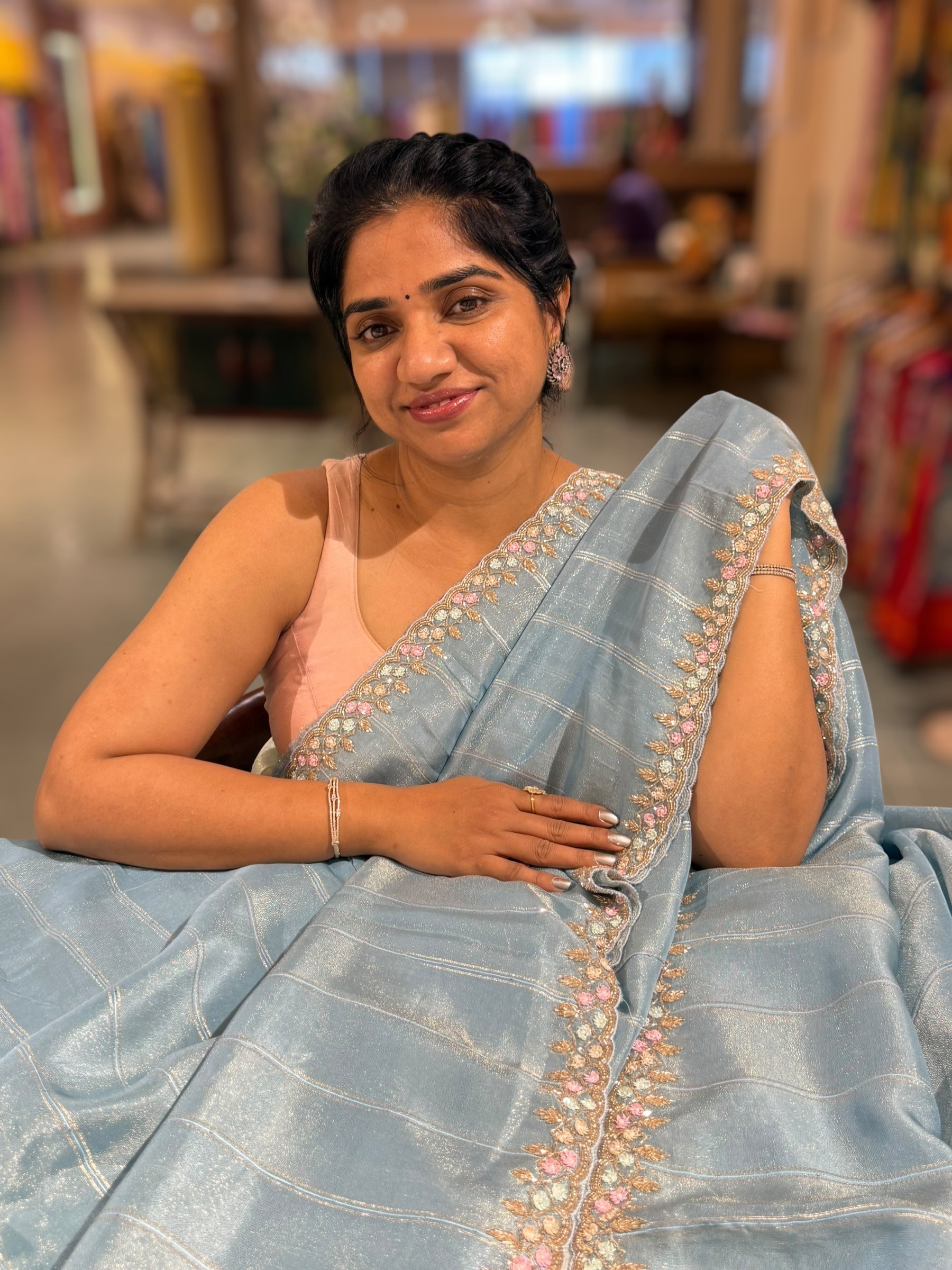 Tissue Gorgette Saree With Handwork Border and Blouse.