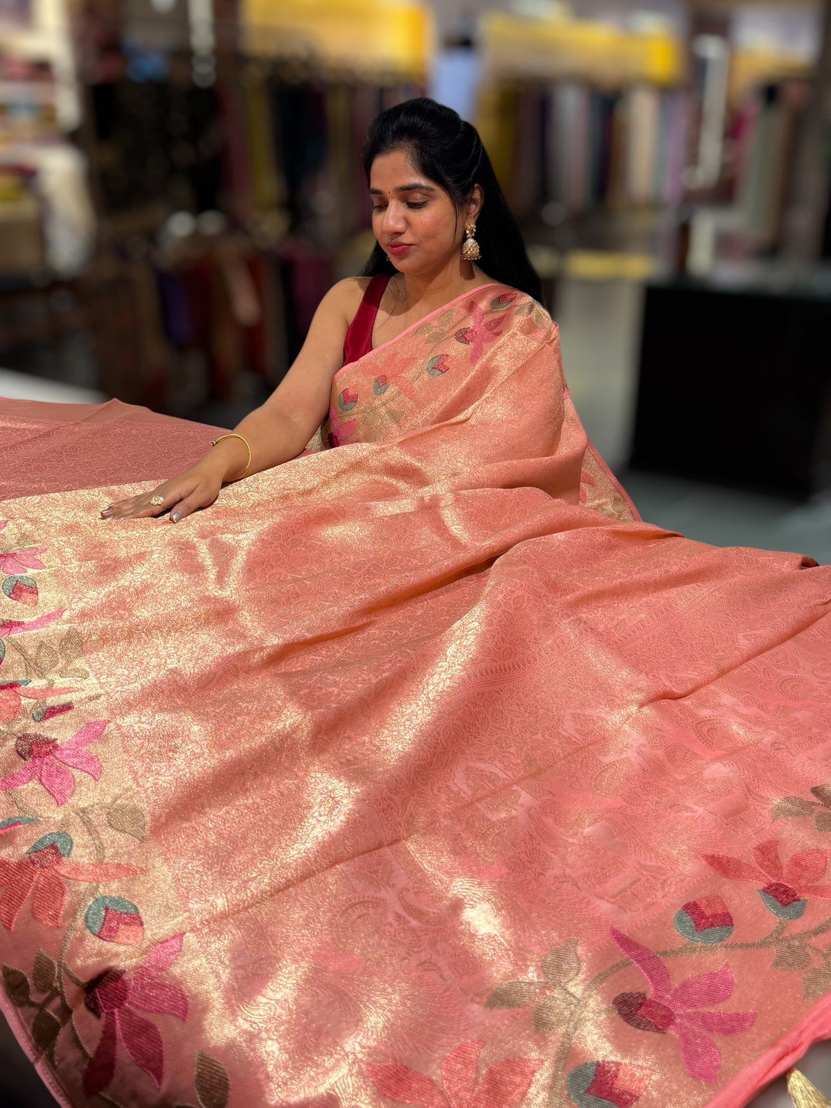 Peach Pink Banarasi Brocade tissue saree with tonchui style weaving & pythani inspired embroidered border