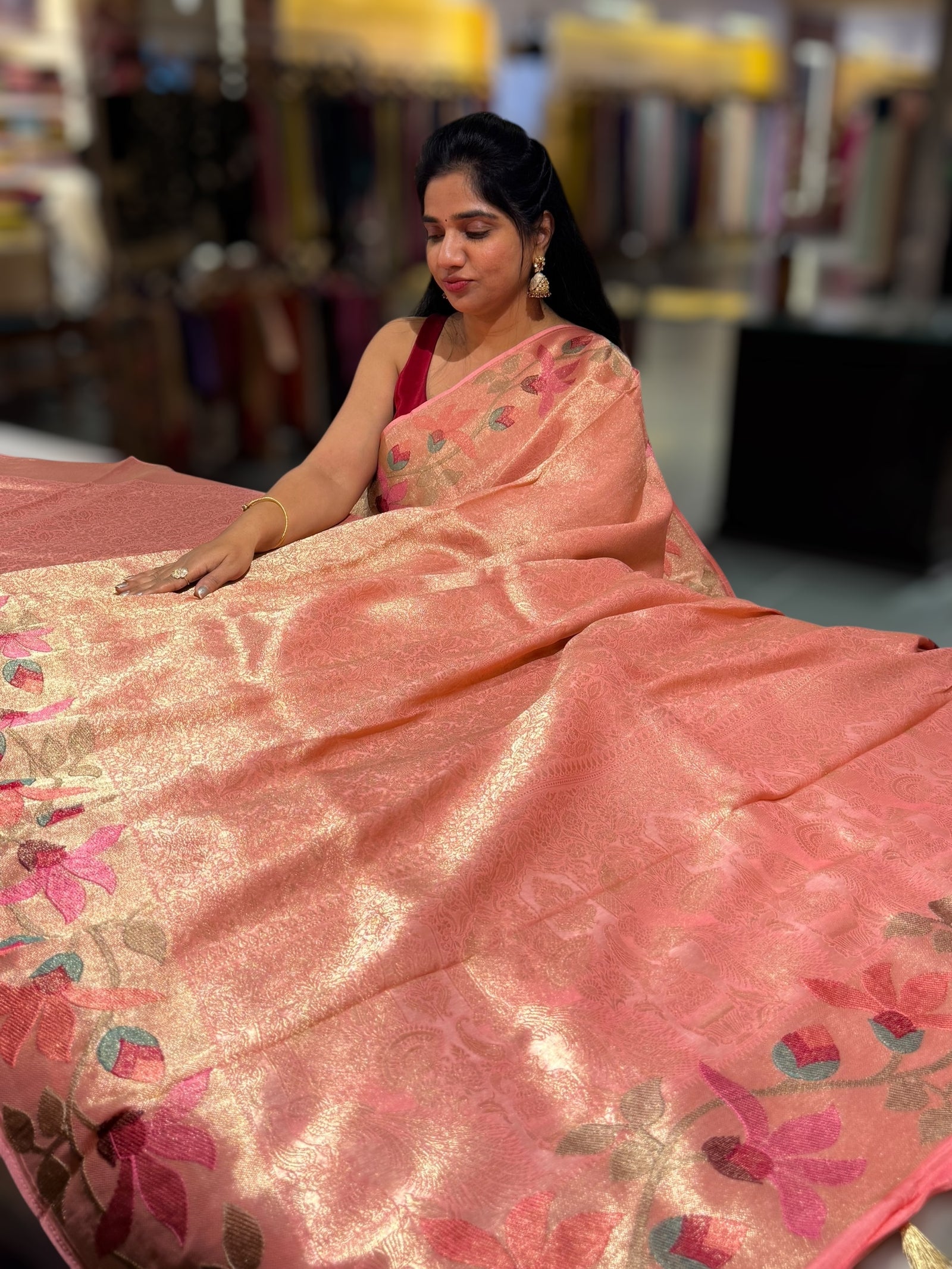 Peach Pink Banarasi Brocade tissue saree with tonchui style weaving & pythani inspired embroidered border