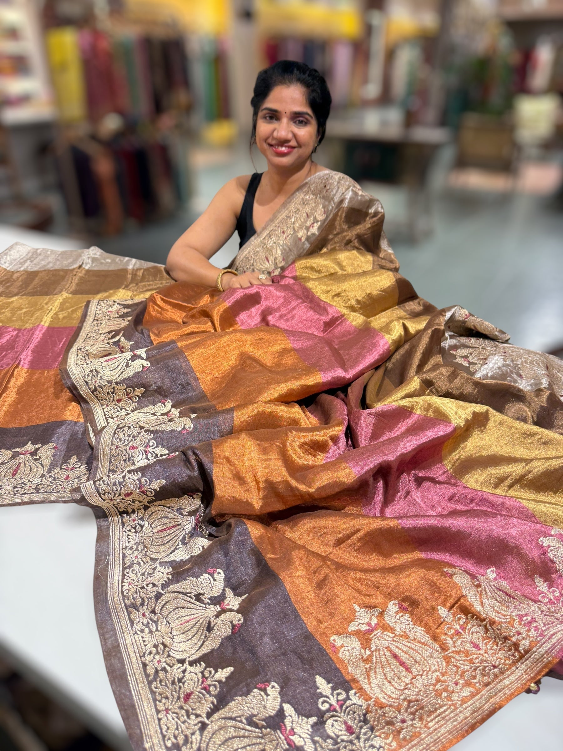 Multi color chanderi Tissue saree with peacock embroidered border