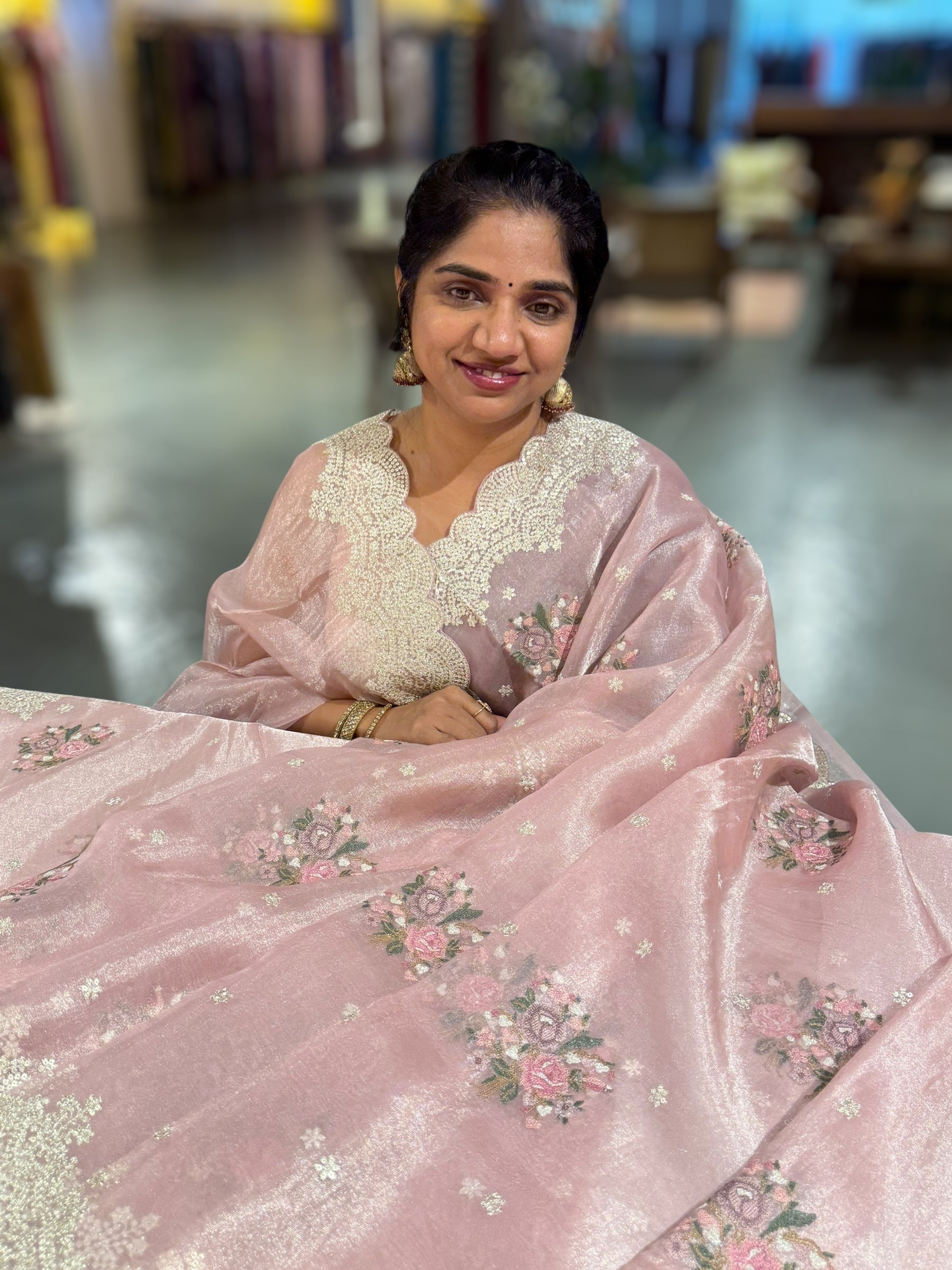 Pink Tissue Saree With allover Petite Point Motifs & Pittai Sequnce Borders