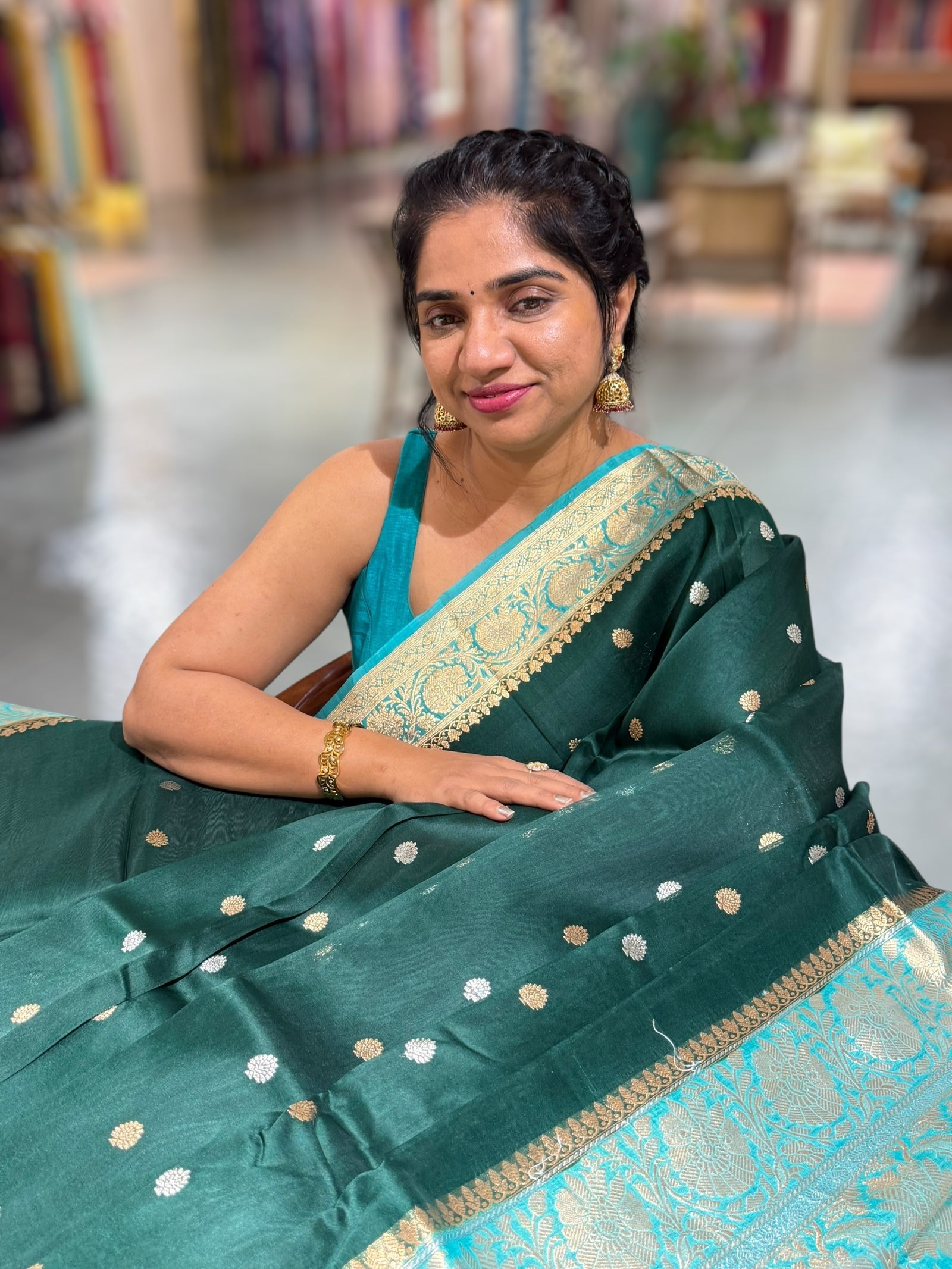 Forest Green & Teal Pure Handloom premium Kora Banarasi Saree