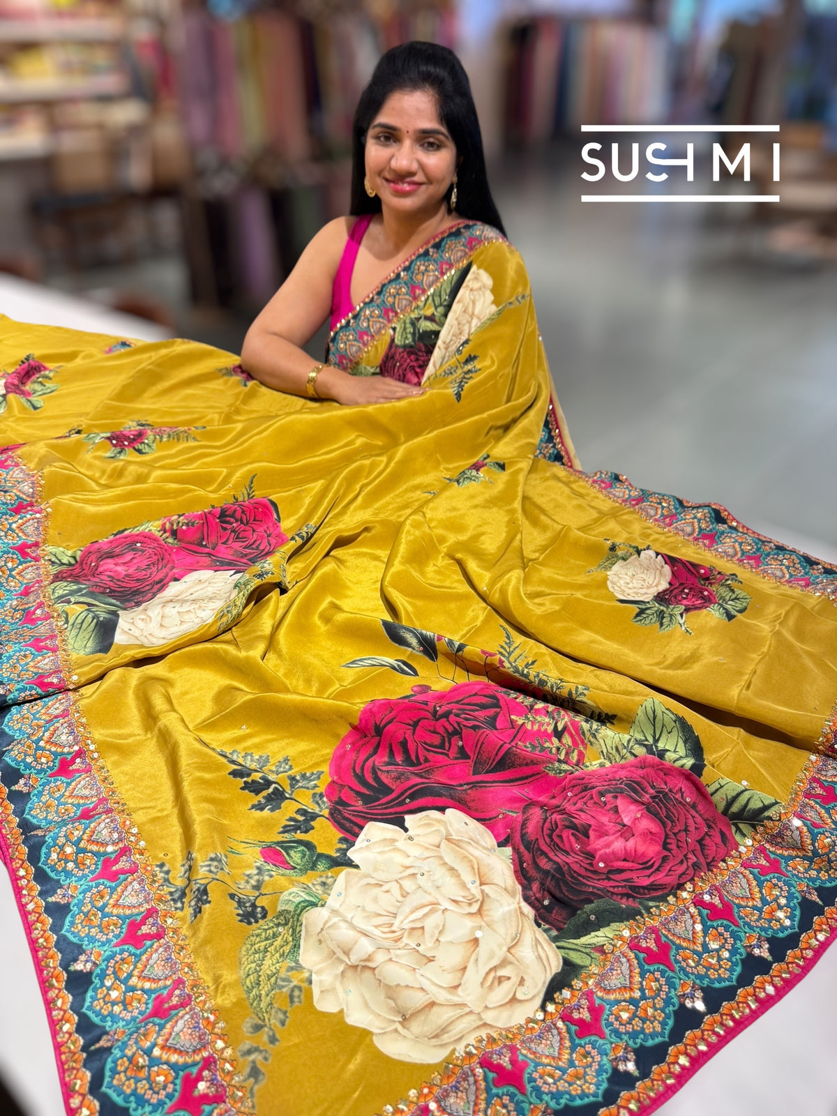 Mustard Gold Designer Crepe Silk Saree : D62F030