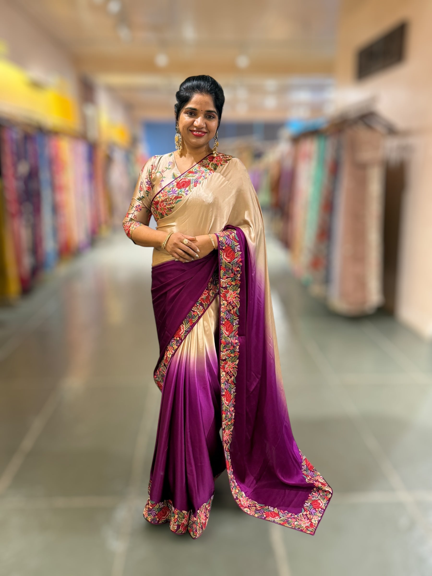 Pure Satin Ombre Dyed Saree with Petite Point Embroidered Border and blouse.