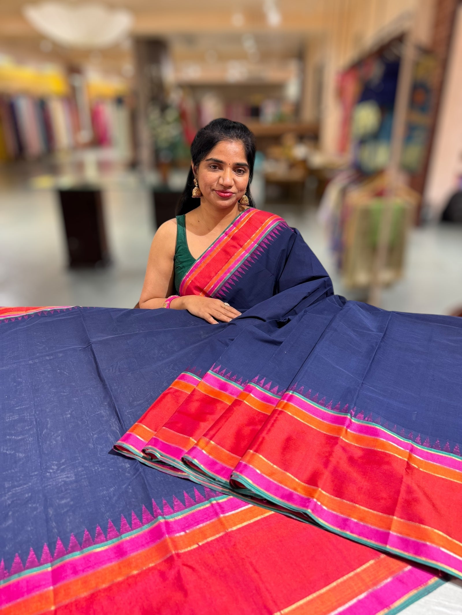 Midnight Blue Ponduru Khadi Saree in 80’s Count with Kanchi Style borders