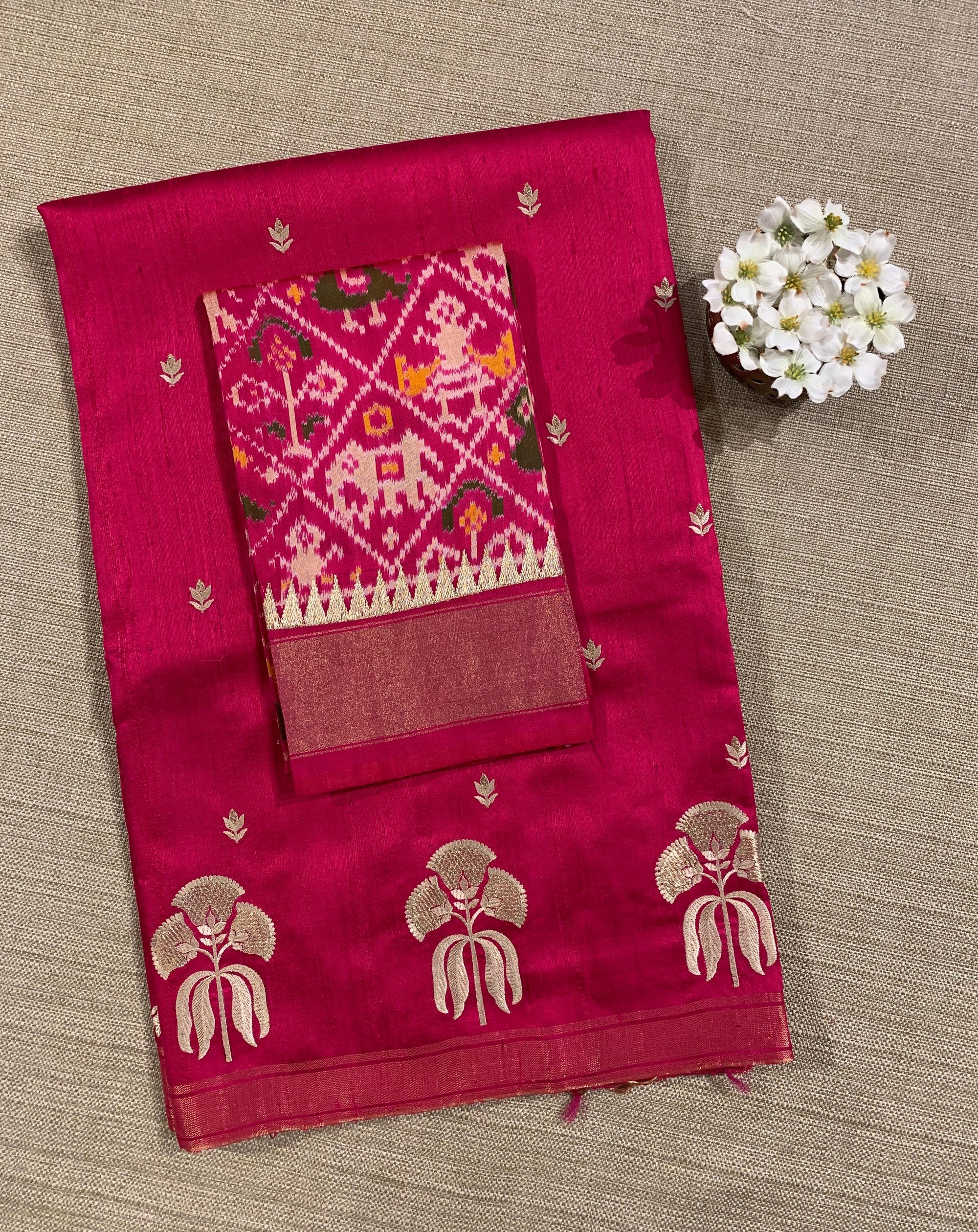 Dark Pink Pure Handloom Raw Silk Saree