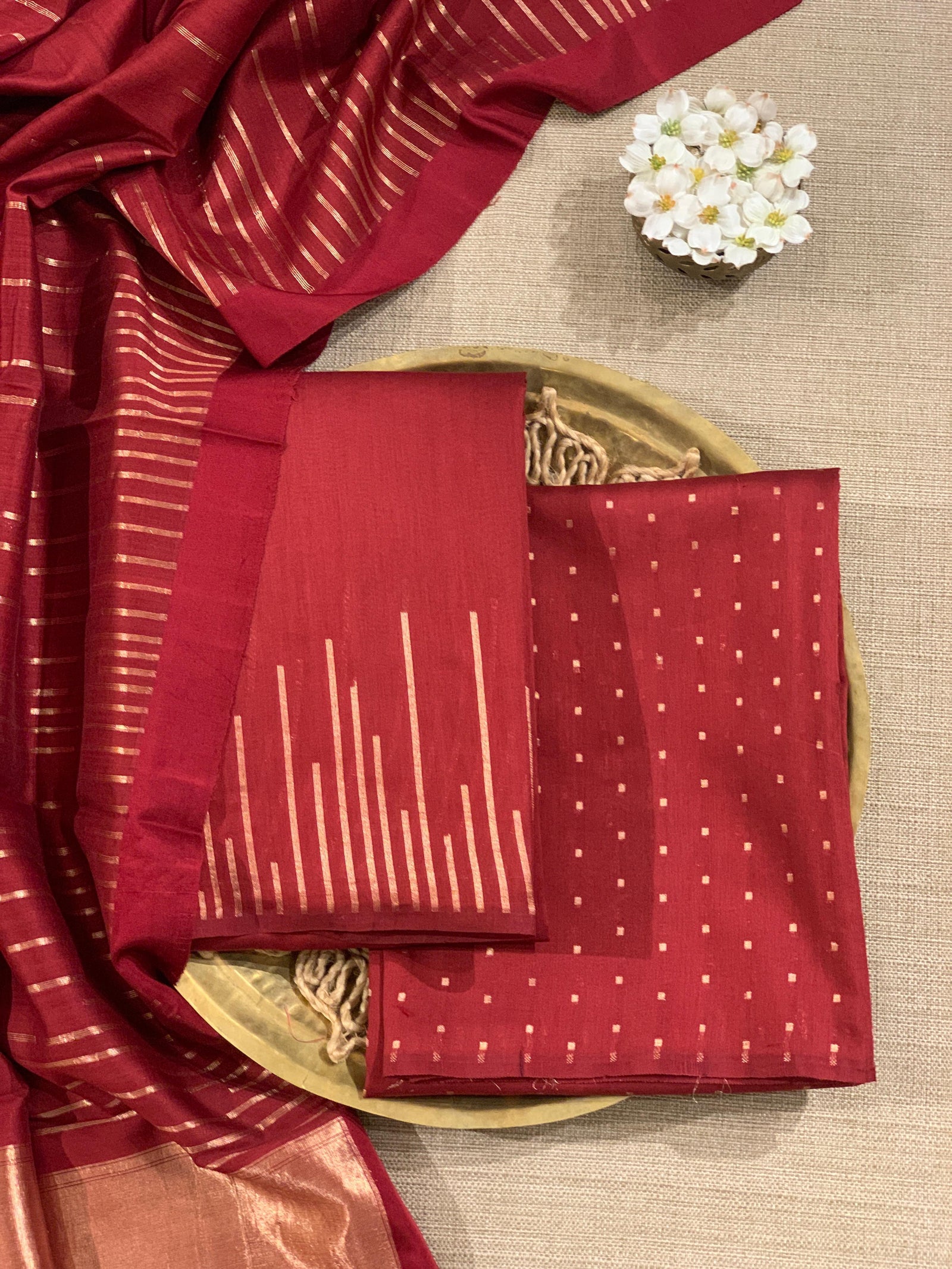 Brick Red Banarasi Handloom Chiniya Silk 3-pc Suit Set