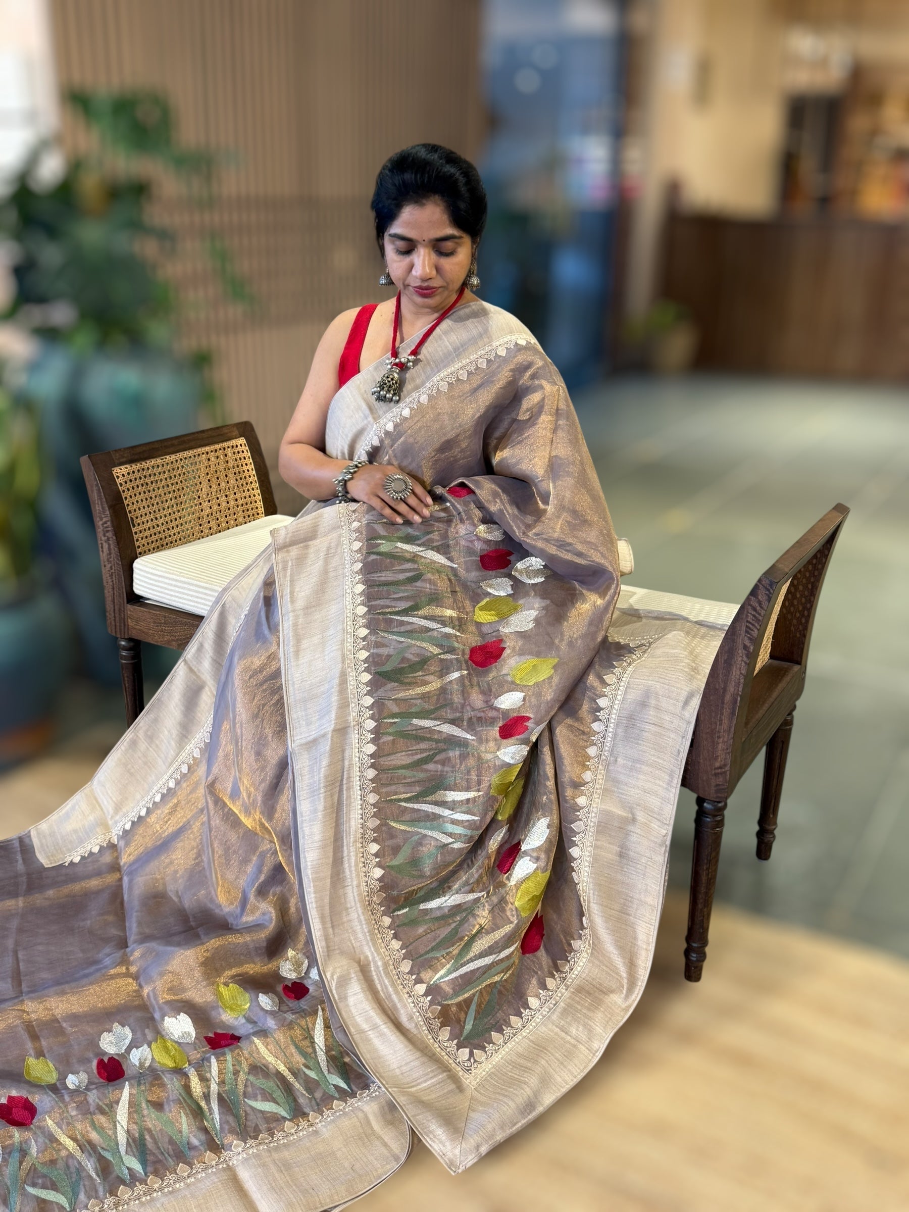 Mauve Designer Handloom Tissue Saree With Tulip embroidery