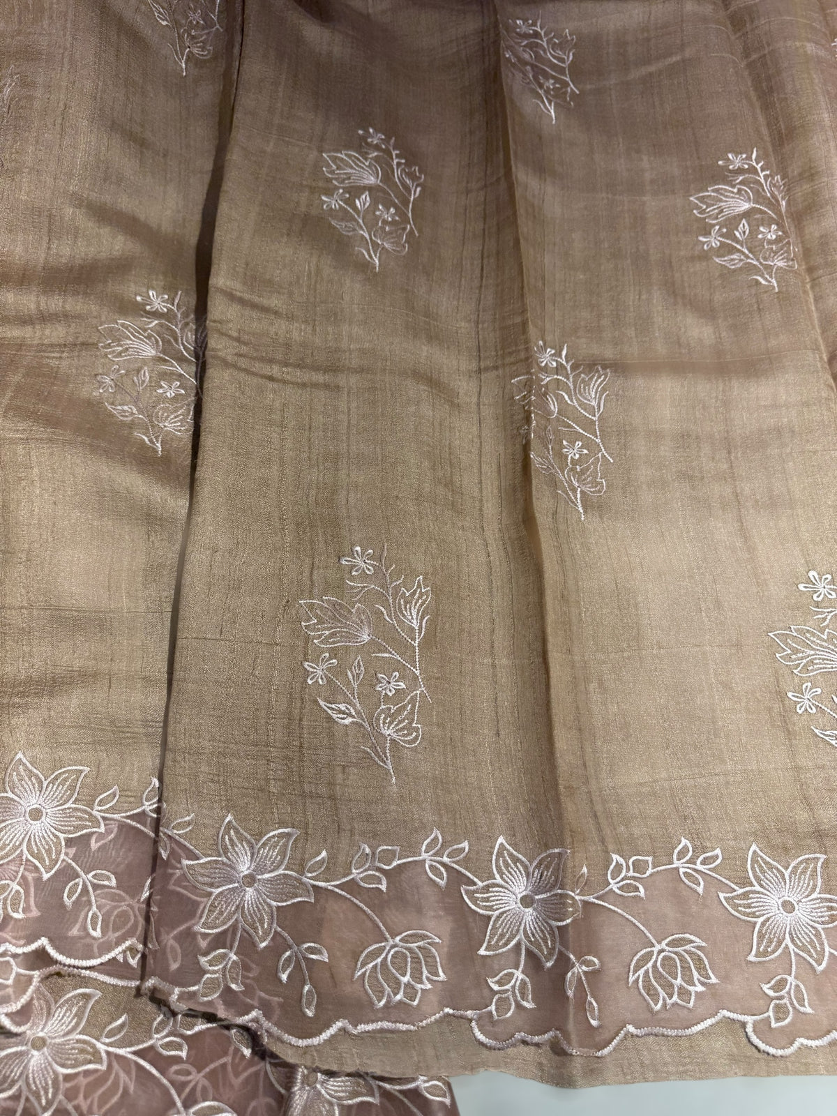 Chickoo Tussar Saree with organza embroidered border