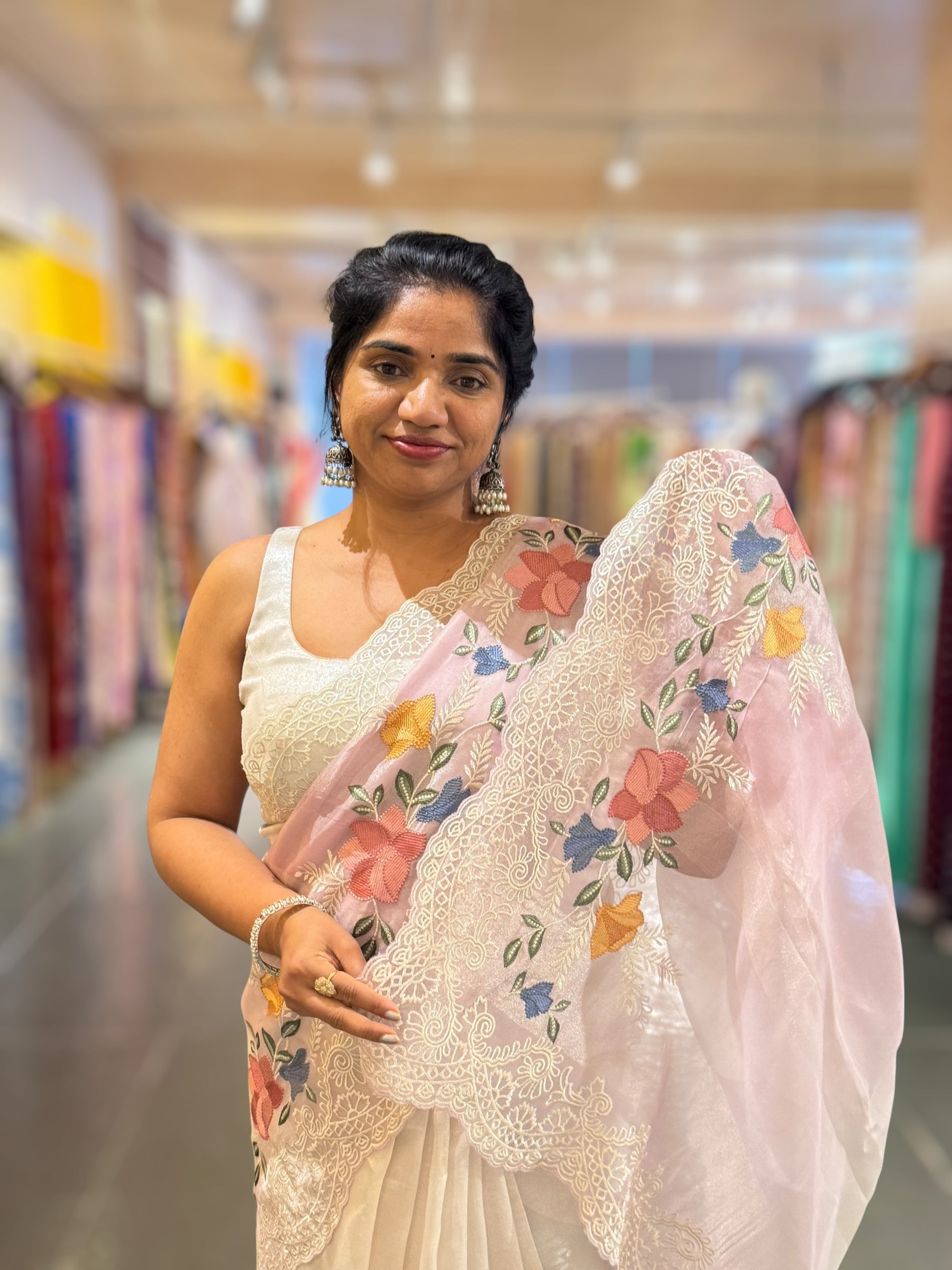 lilac & Silver Ombre dyed Tissue Saree with Cutwork embroidered Borders