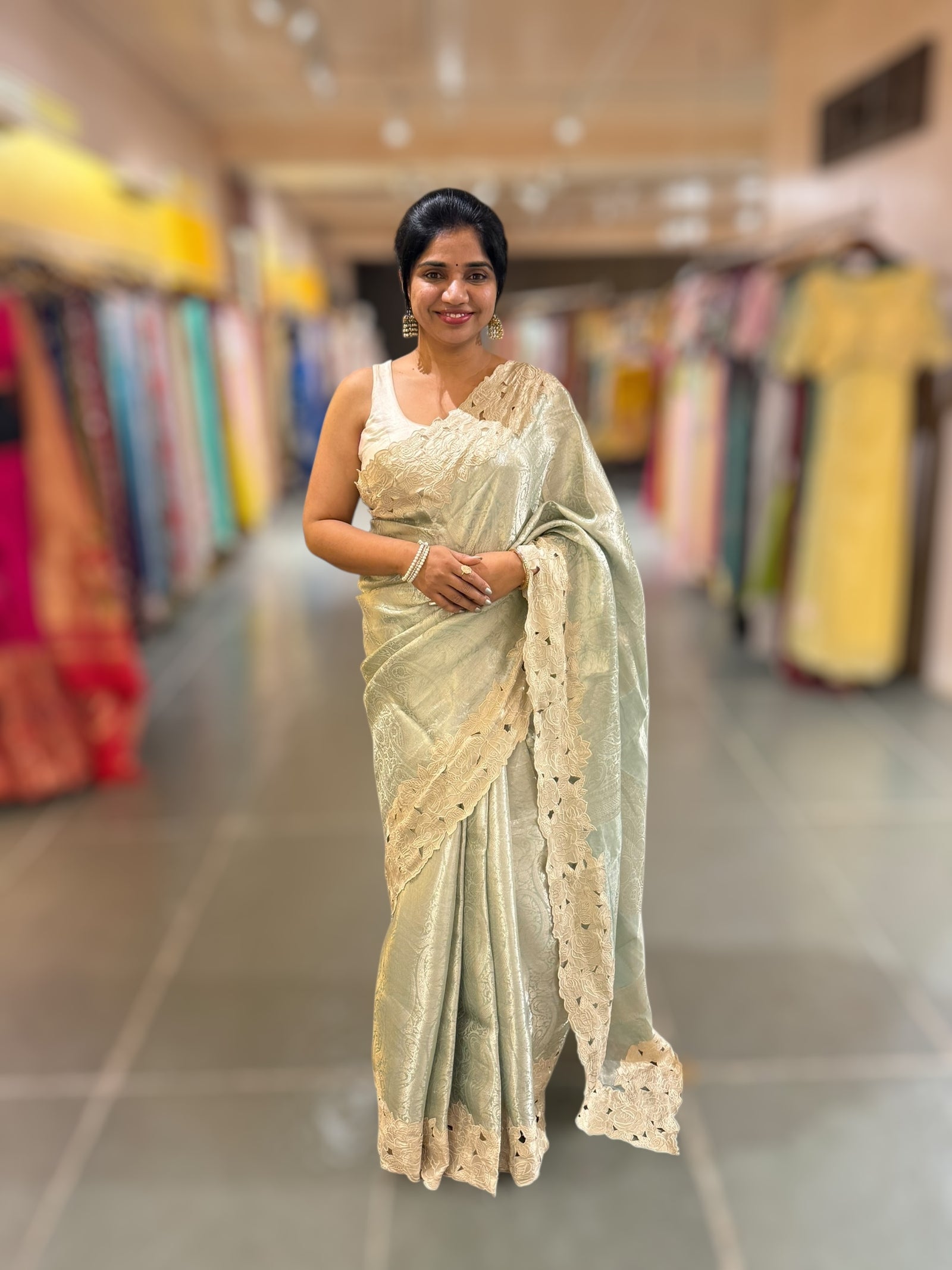 Mint Tissue Brocade weaving Saree with Tissue Cutwork Rose Border